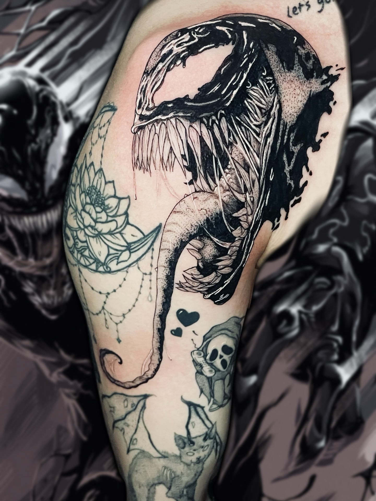 Serpent and lotus dark realism tattoo on the thigh by Shontel Fowler