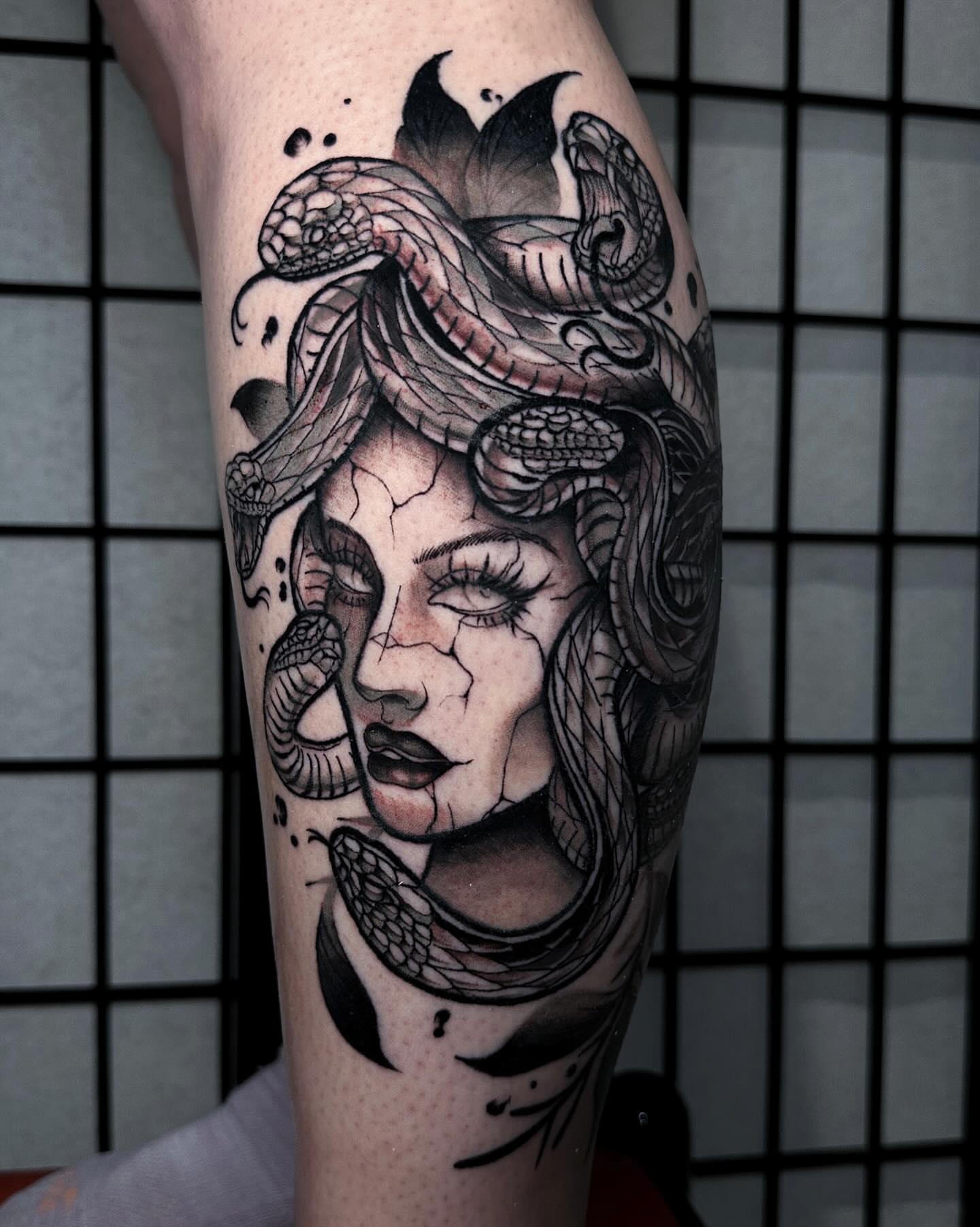 Woman with snakes realism tattoo on the forearm by Taylin Johnson- Illustrative Blackwork, Columbus, Ohio