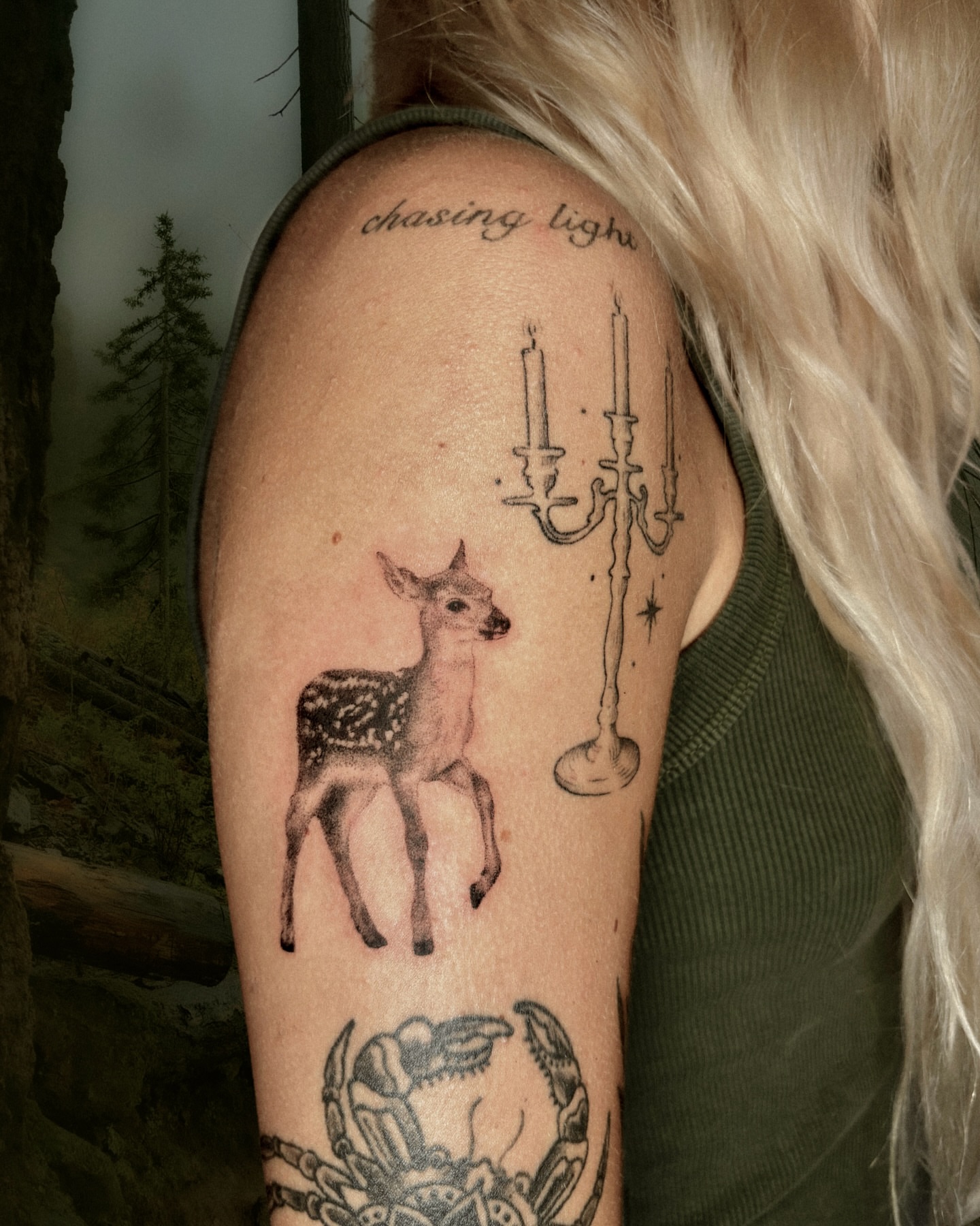 Deer and candelabra black and grey tattoo on the forearm by laika ✶ pdx tattoo, Portland, Oregon
