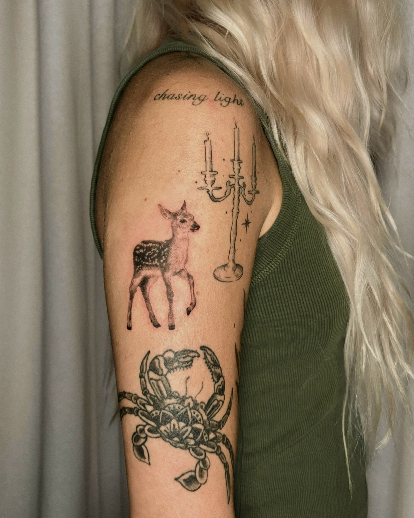 Deer and candlestick black and grey tattoo on the forearm by laika ✶ pdx tattoo, Portland, Oregon