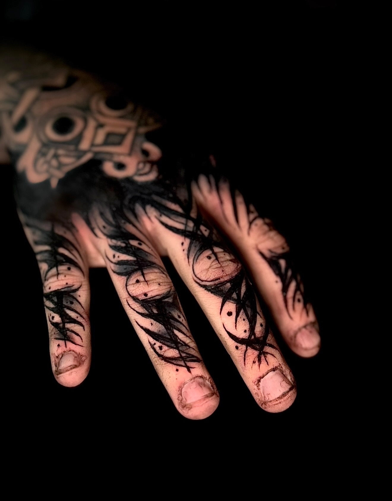 Abstract design dotwork tattoo on the hand by Thomas Martinez