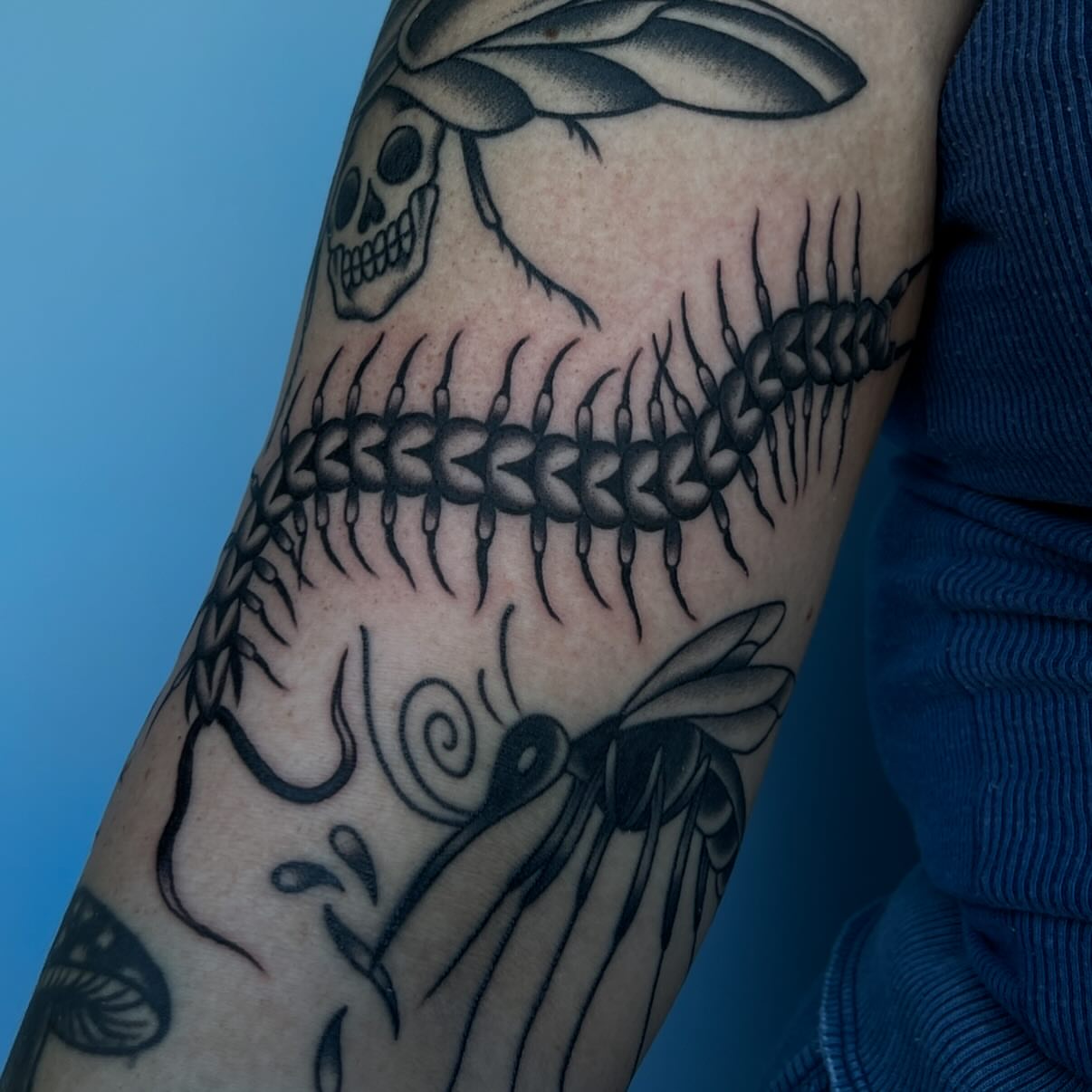 Spine and skull black and grey tattoo on the forearm by ✮KAT✮