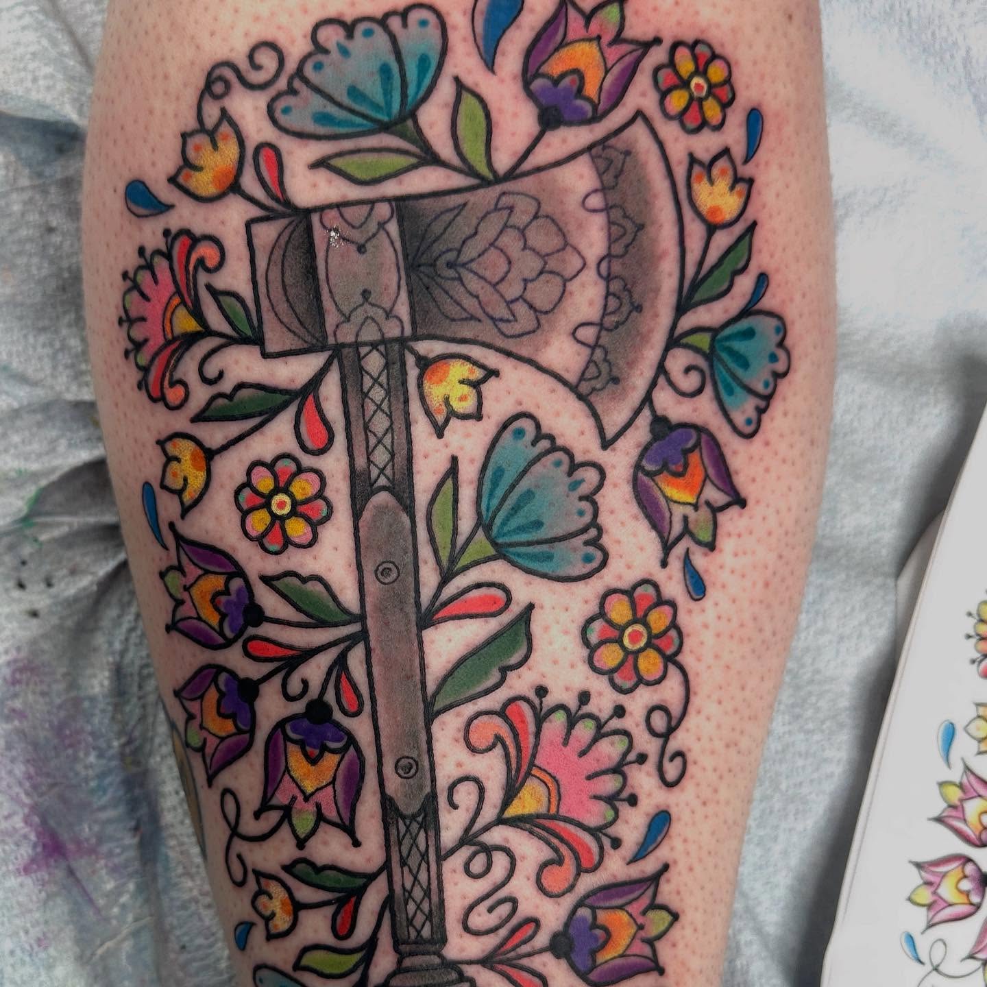 Cross and floral ornamental tattoo on the forearm by Andrea Lynne Hastings-Craven Tattoo Artist, Cleveland, Ohio