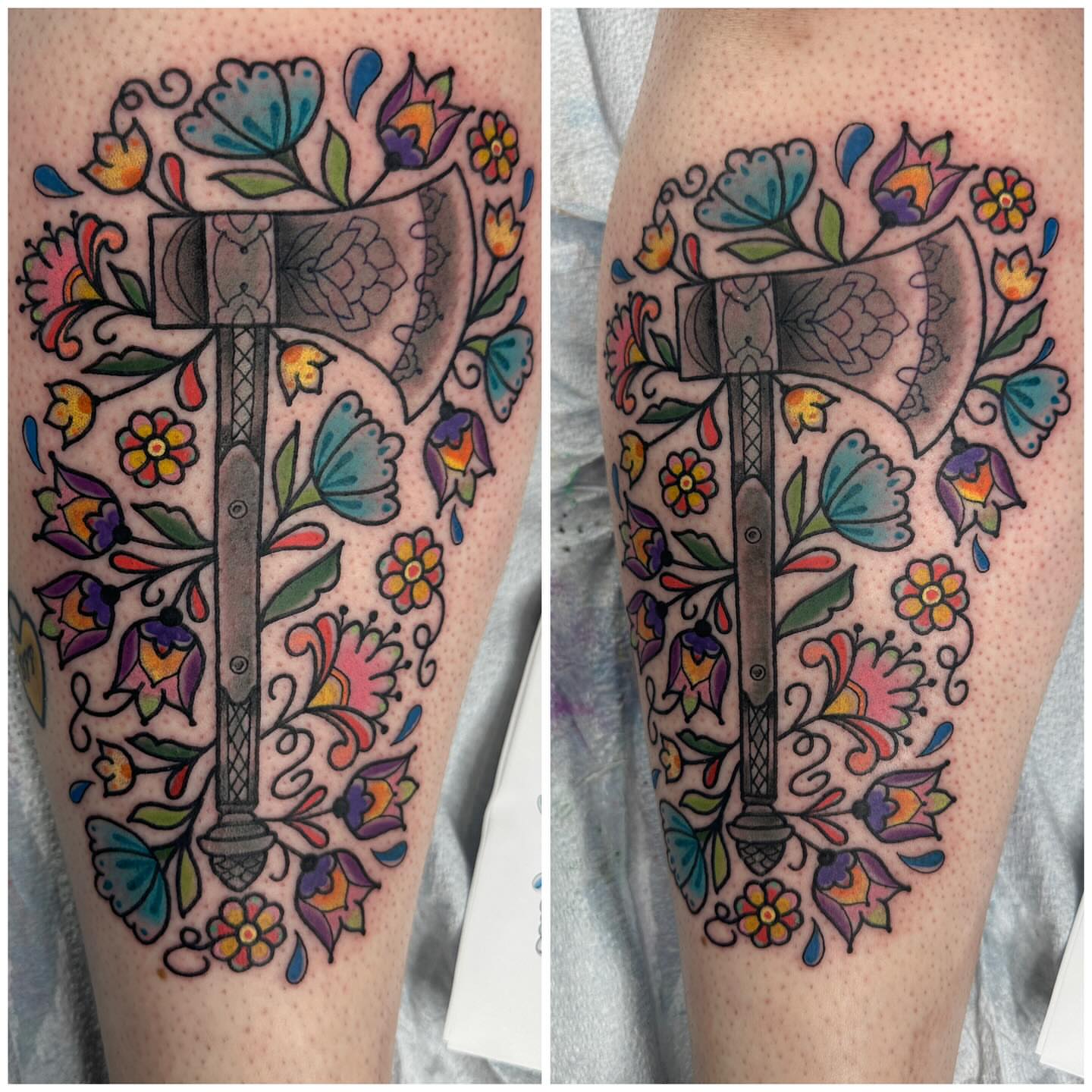 Floral arrangement with axe ornamental tattoo on the thigh by Andrea Lynne Hastings-Craven Tattoo Artist, Cleveland, Ohio