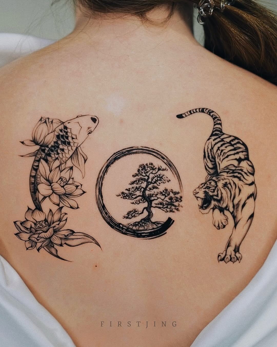 Koi fish, bonsai tree, tiger black and grey tattoo on the back by Seattle