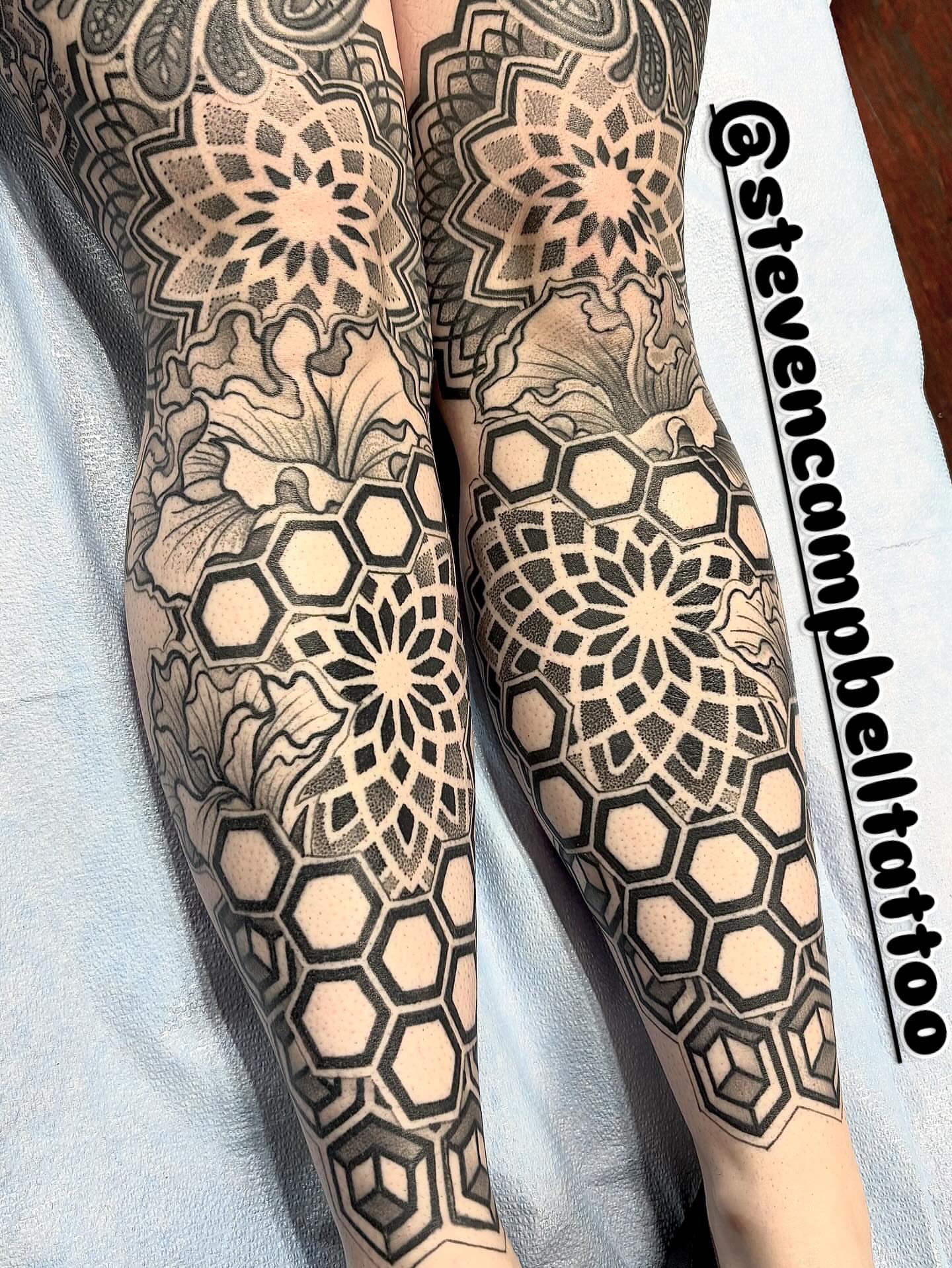 Geometric patterns geometric tattoo on the leg by Steven Campbell, Kansas City, Missouri