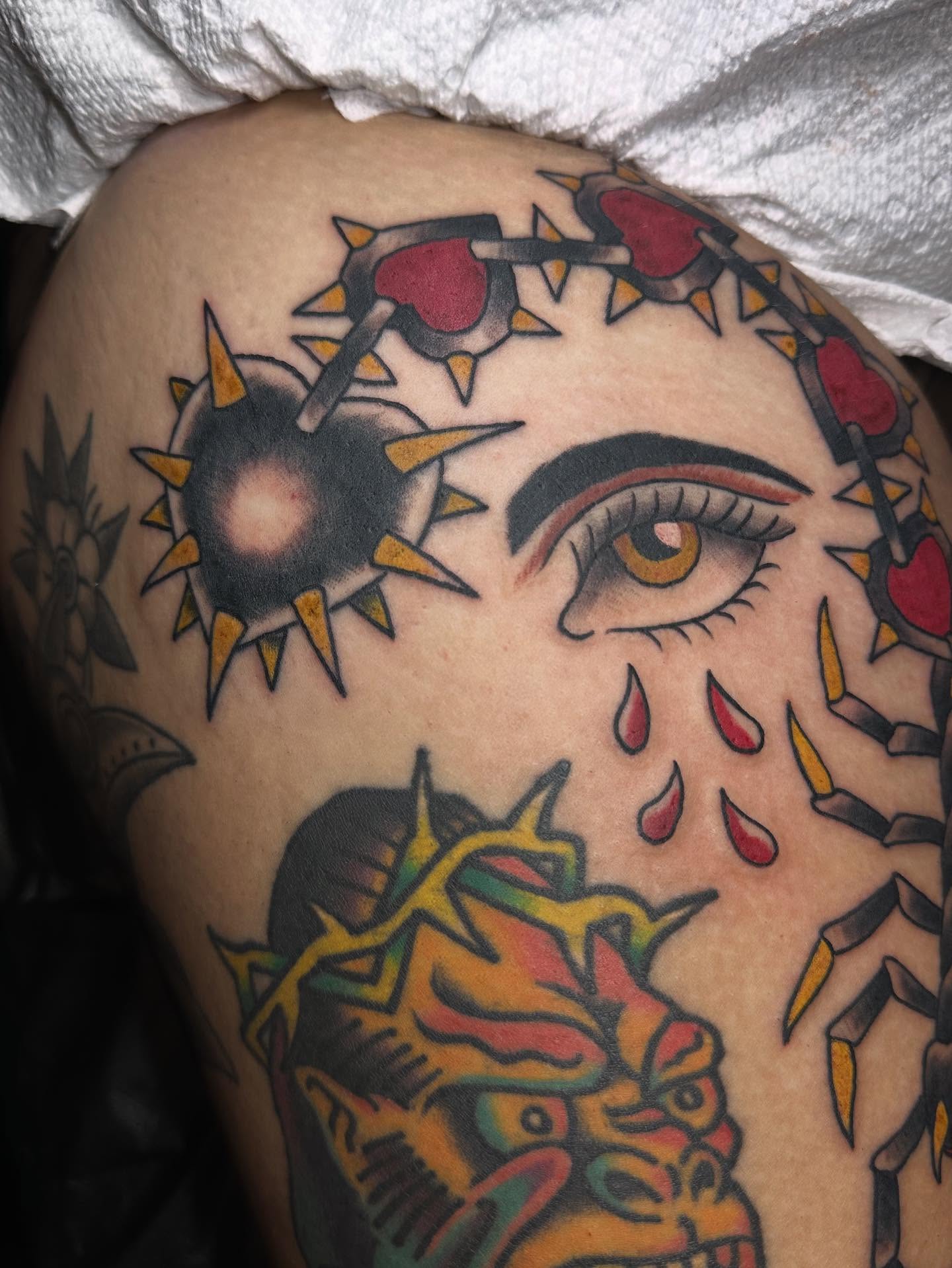 Woman's face American traditional tattoo on the thigh by Brendan Willbern, Austin, Texas