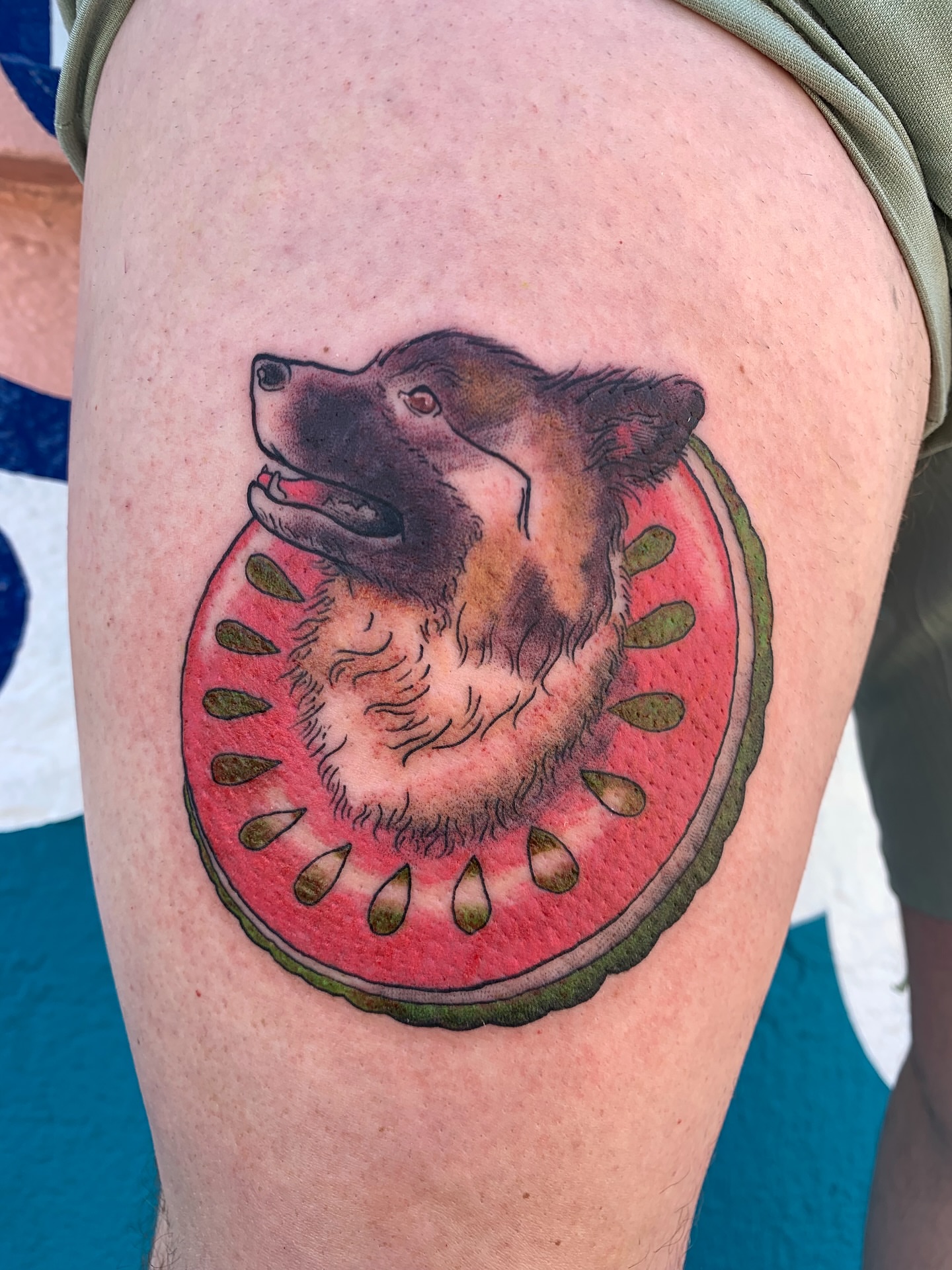 Bear in watermelon realism tattoo on the thigh by CharlieBoy