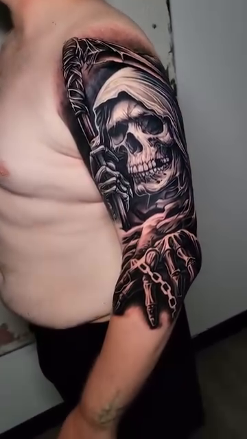 Grim Reaper skull dark realism tattoo by Lukasz Olszanski