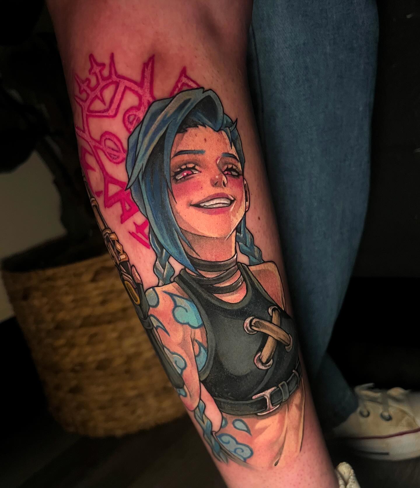 Character portrait realism tattoo on the forearm by emi