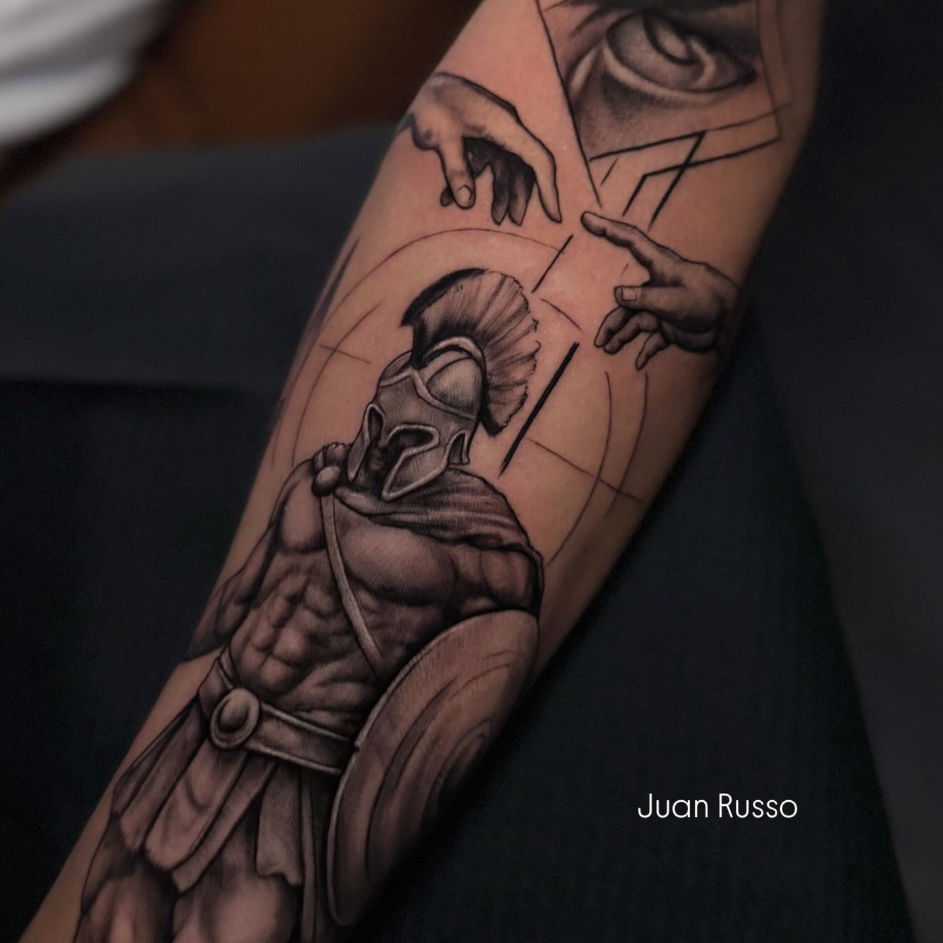 Gladiator realism tattoo on the forearm by Juan Russo