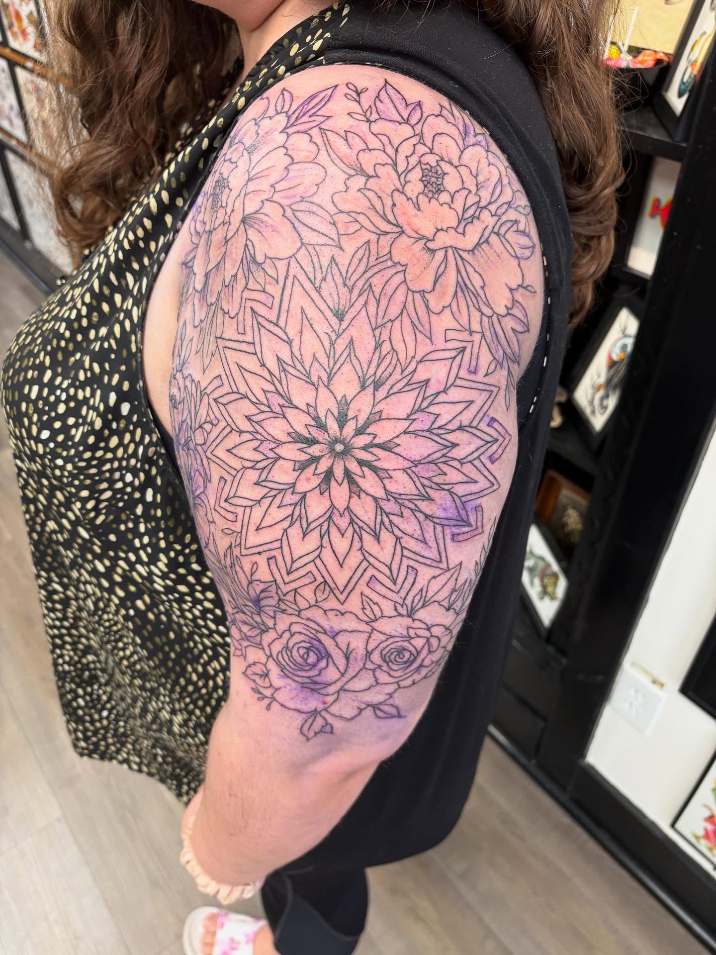Floral mandala fine line tattoo on the upper arm by JSinger🌙🧿