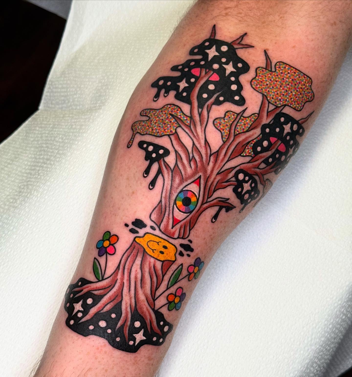 Abstract tree dotwork tattoo on the forearm by Chelstine, Encinitas, California