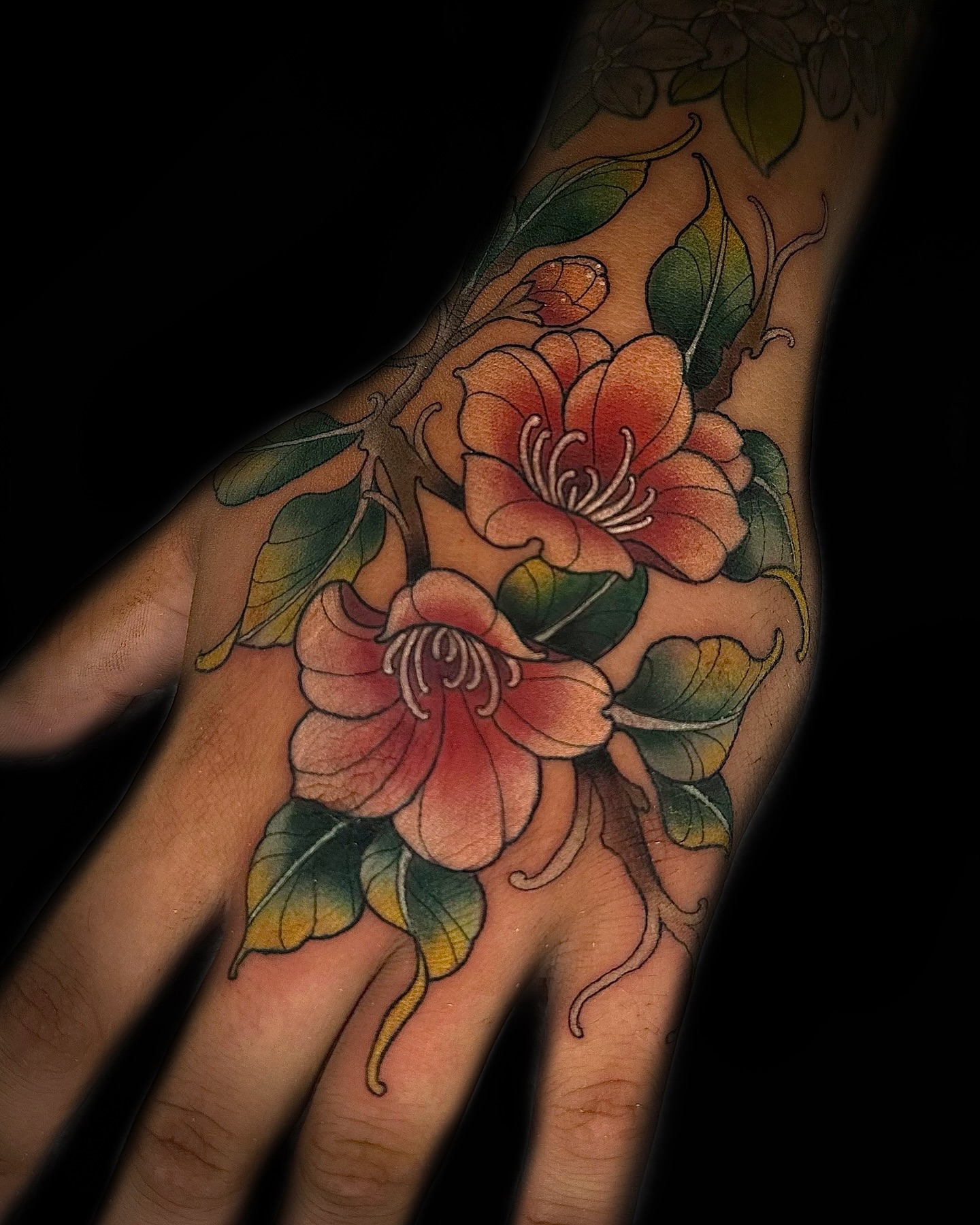 Floral bouquet American traditional tattoo on the hand by Rebecca Joy ❋ Tattoo Artist