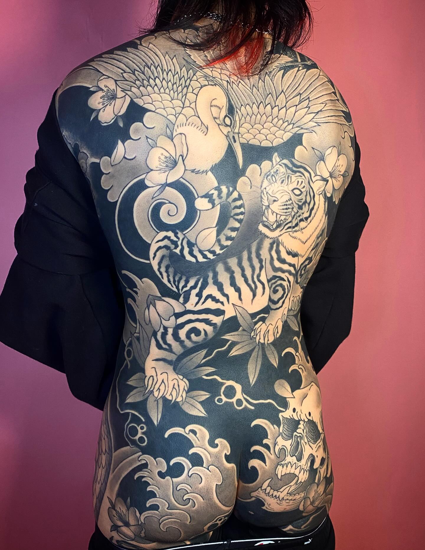 Tiger and crane japanese irezumi tattoo on the back by Barbara Niblo