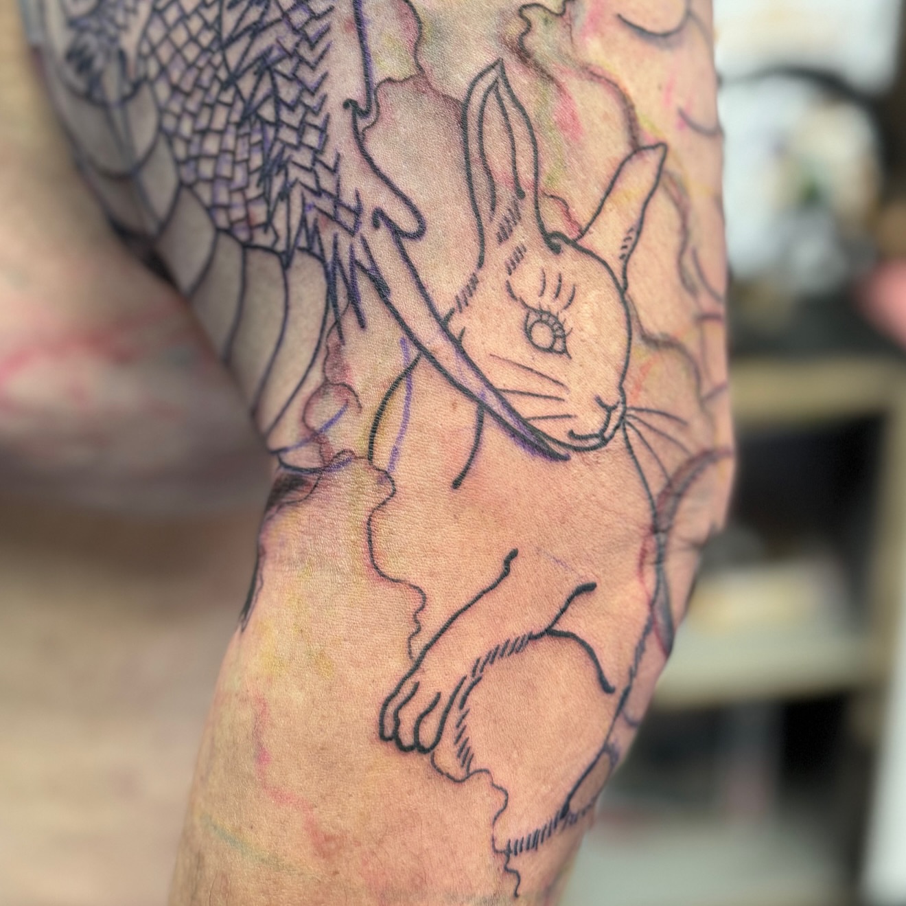 Rabbit dotwork tattoo on the forearm by Zack Yang, Houston, Texas