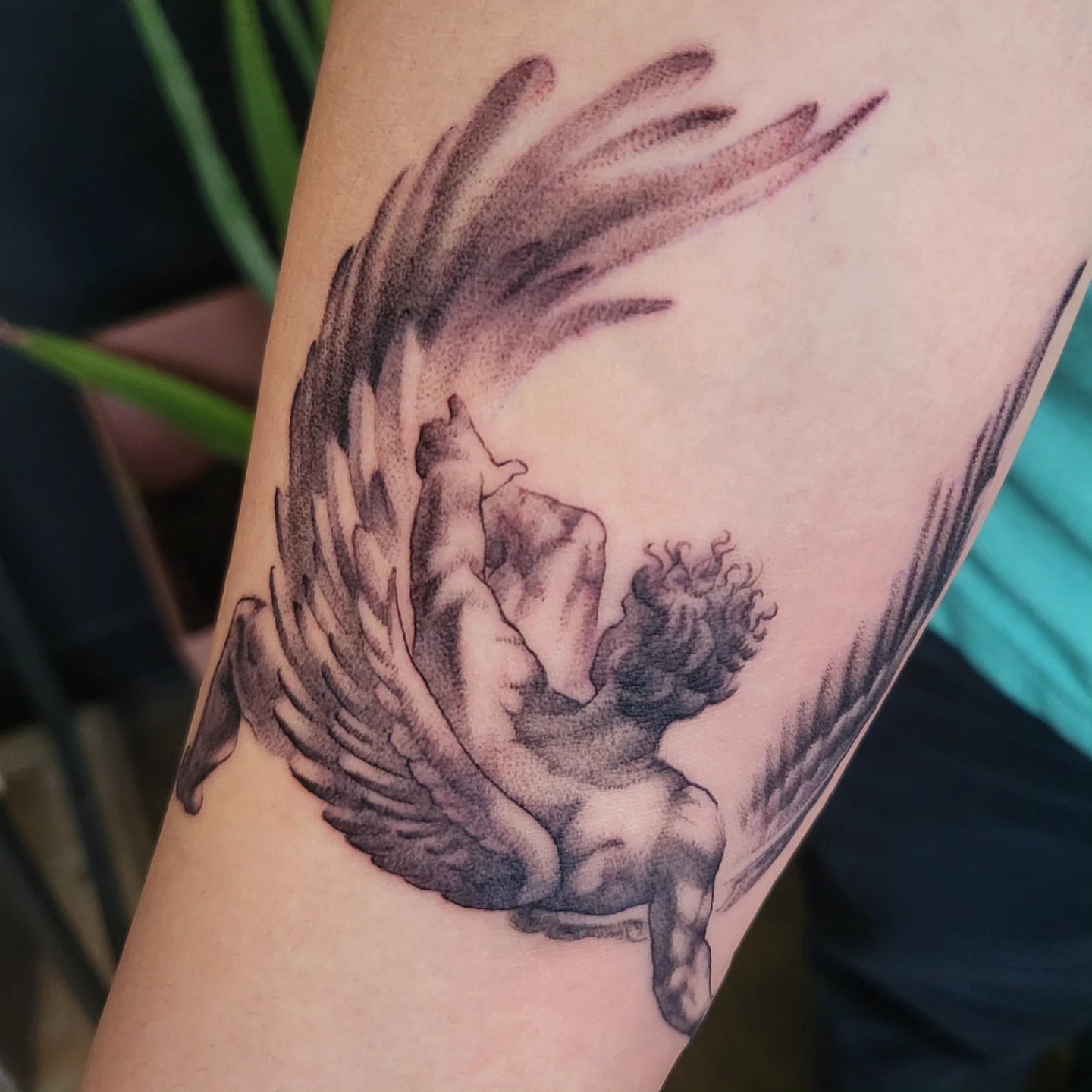 Phoenix black and grey tattoo on the forearm by Brenda Juarez - Tattoo Artist