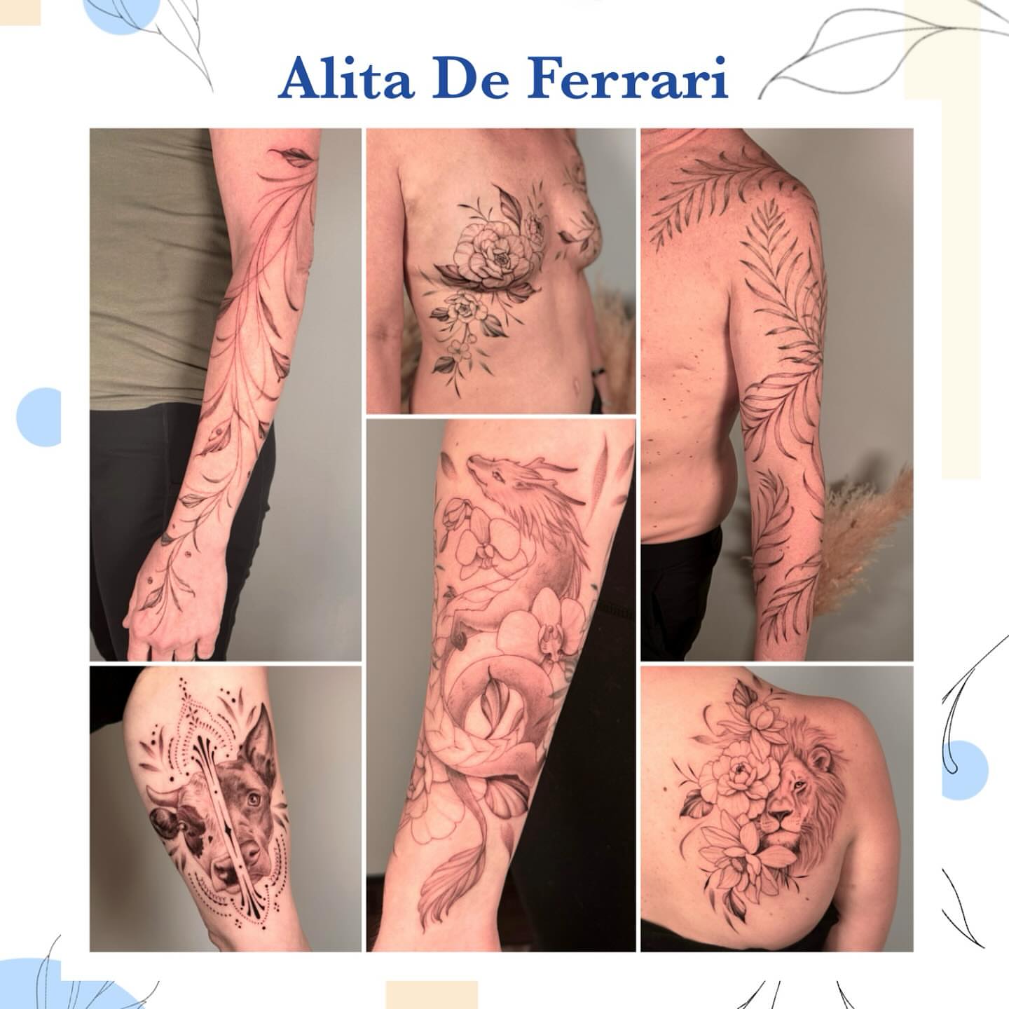 Floral and animal motifs realism tattoo on the upper arm by Erin Blaney