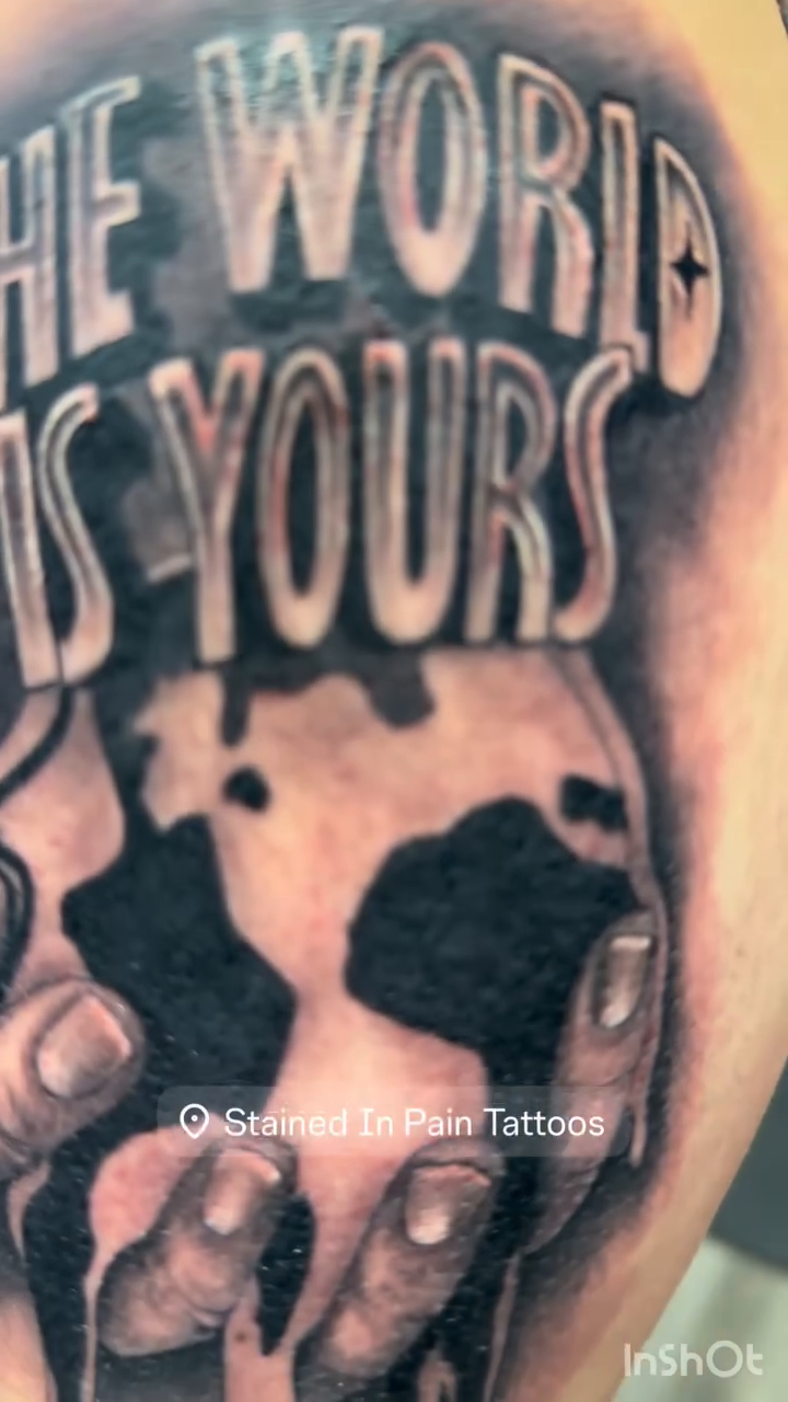 Skull and globe realism tattoo by Juan c munoz jr, Chicago, Illinois
