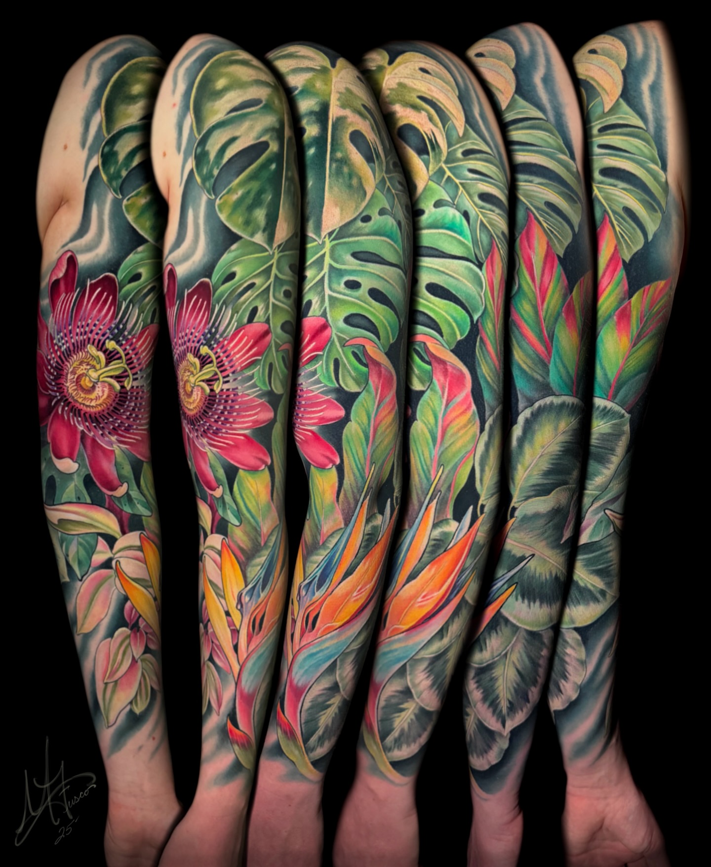 Tropical foliage and flowers realism tattoo on the forearm by Melis Fusco