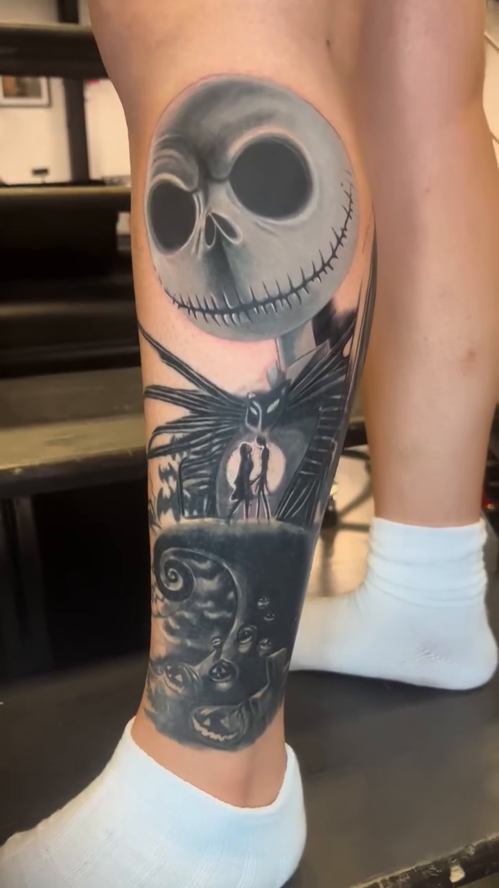 Jack Skellington and Sally realism tattoo by Jesse Frausto