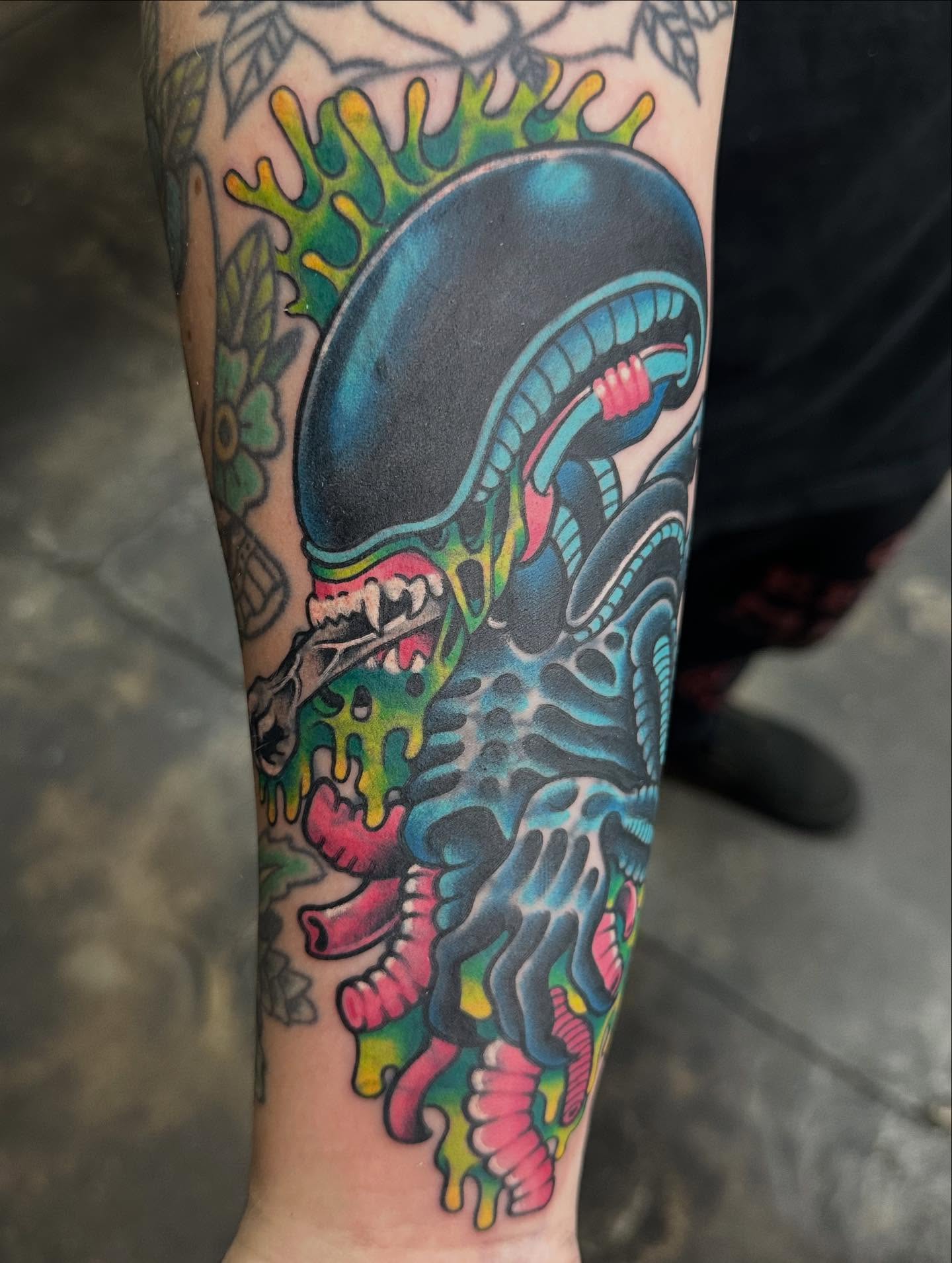 Alien head American traditional tattoo on the forearm by Sammy Beresford