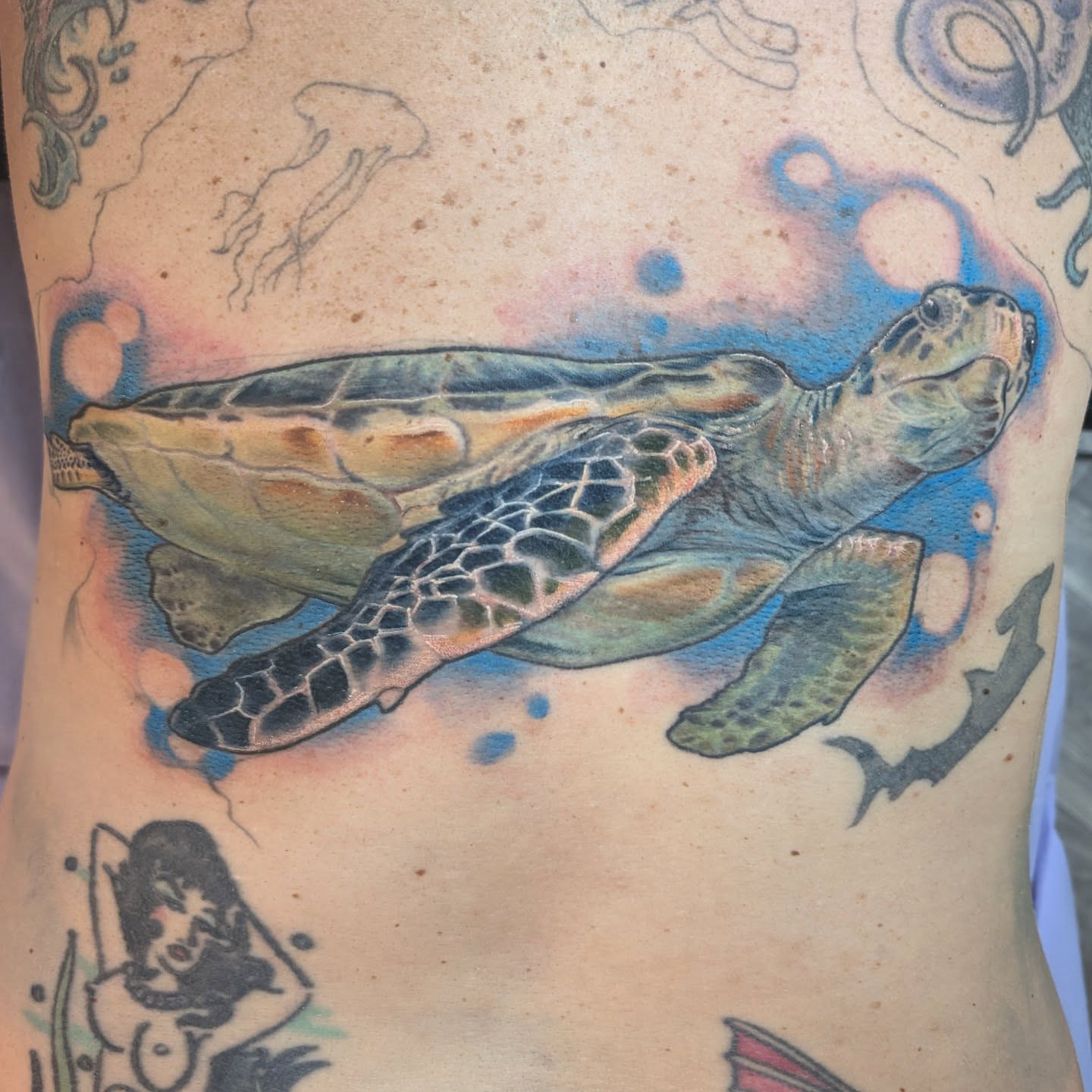 Sea turtle realism tattoo on the torso by Ashton Allen-Ruiz, Portland, Oregon