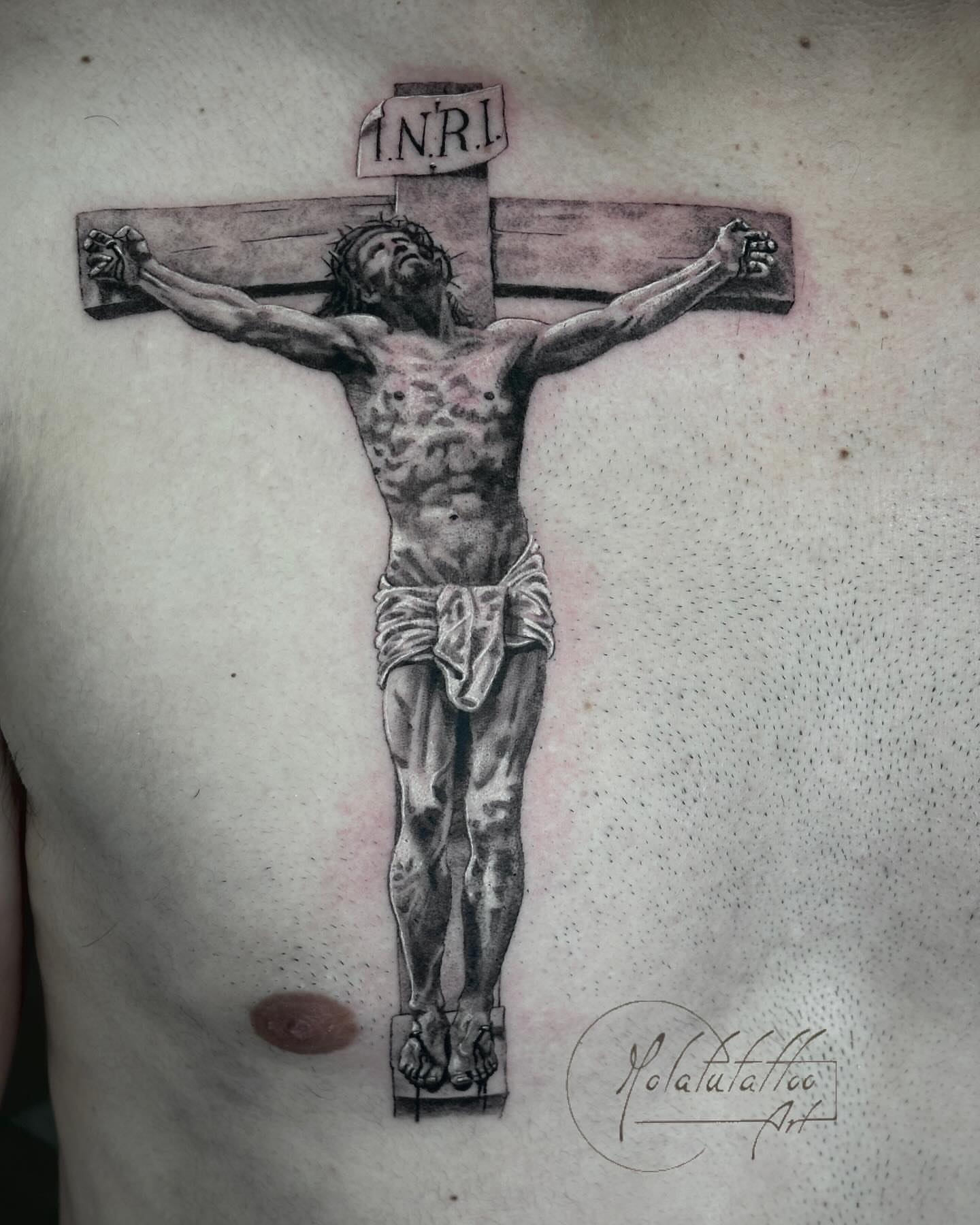 Crucifixion scene realism tattoo on the chest by Molatutattoo