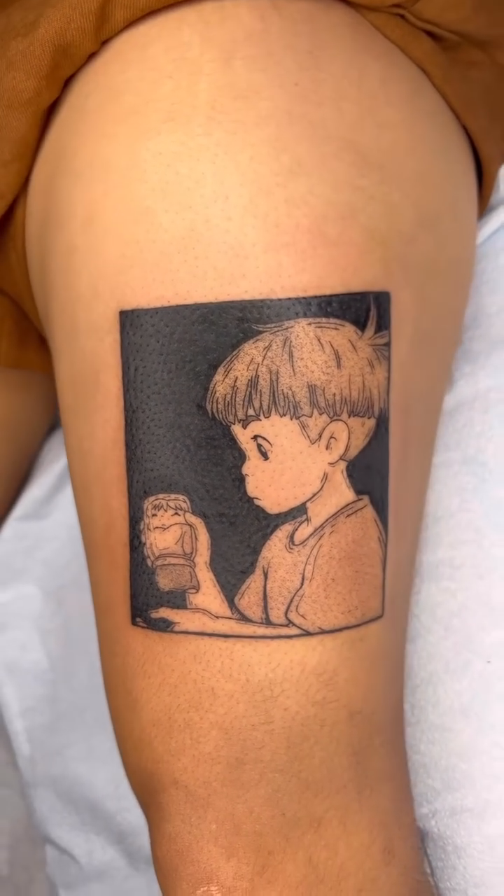 Boy holding a jar anime tattoo by Renee (Koi) Vance