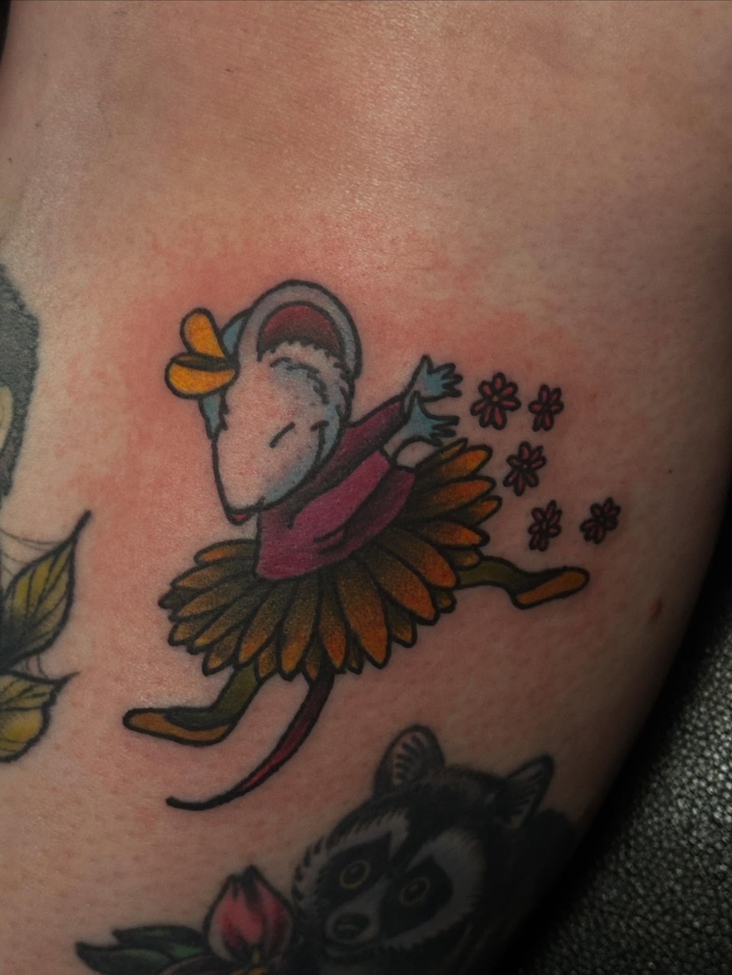 Mouse fairy American traditional tattoo on the thigh by Elizabeth Tabler