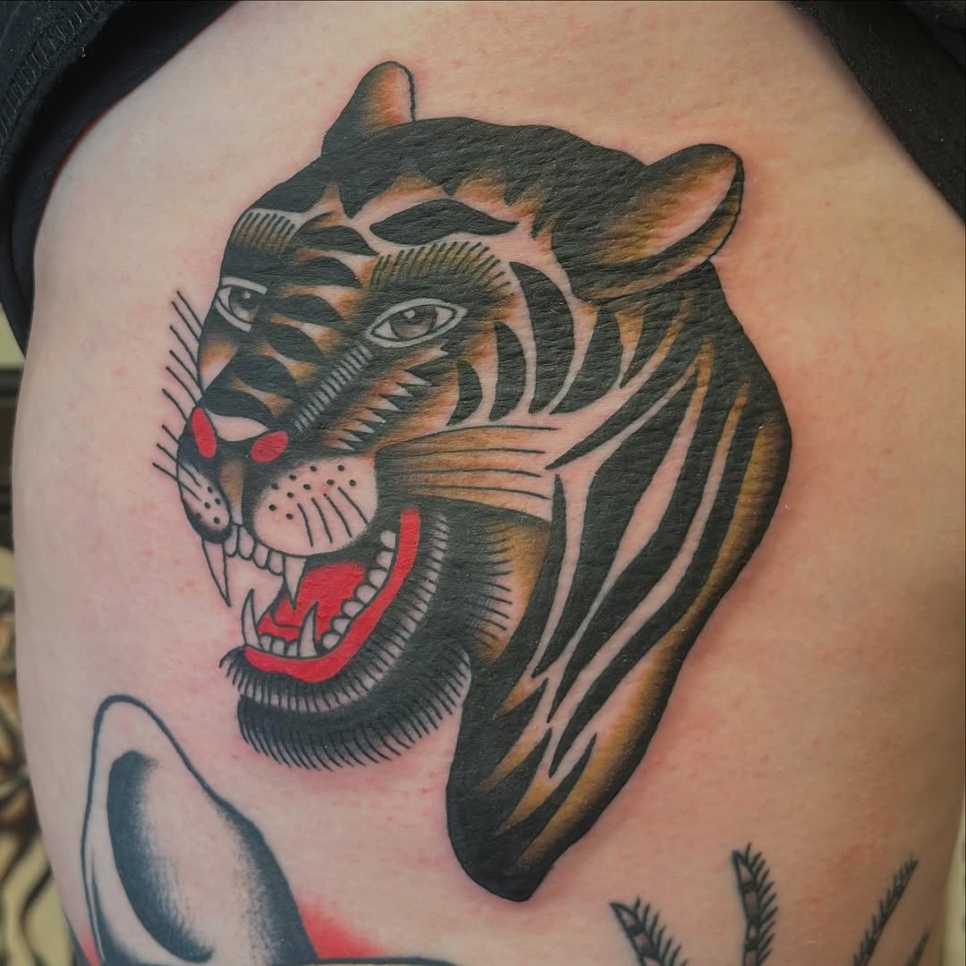 Tiger head realism tattoo on the shoulder by @ryleecoyote, New York, New York