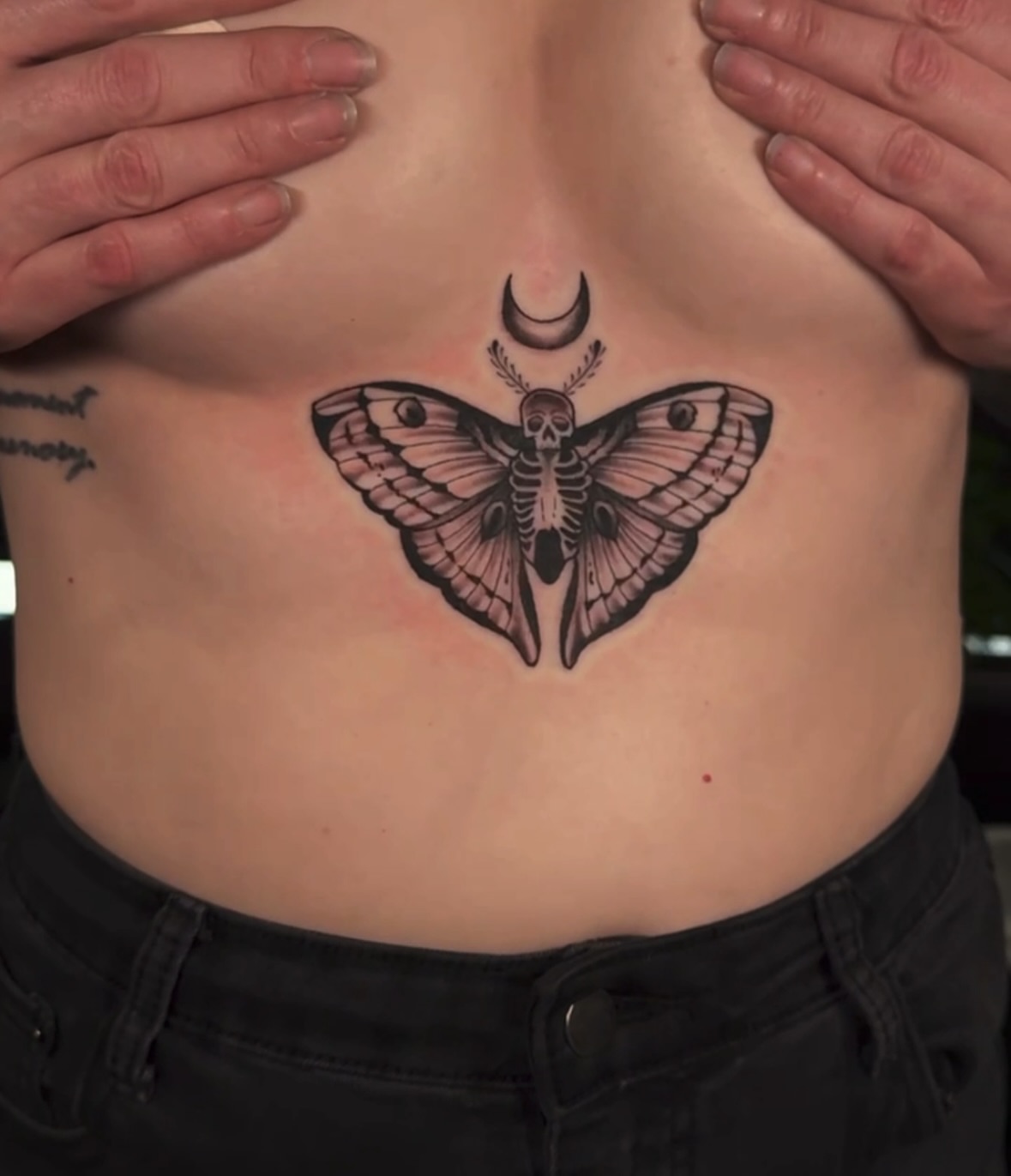 Moth with skull black and grey tattoo on the torso by πππͺ‘