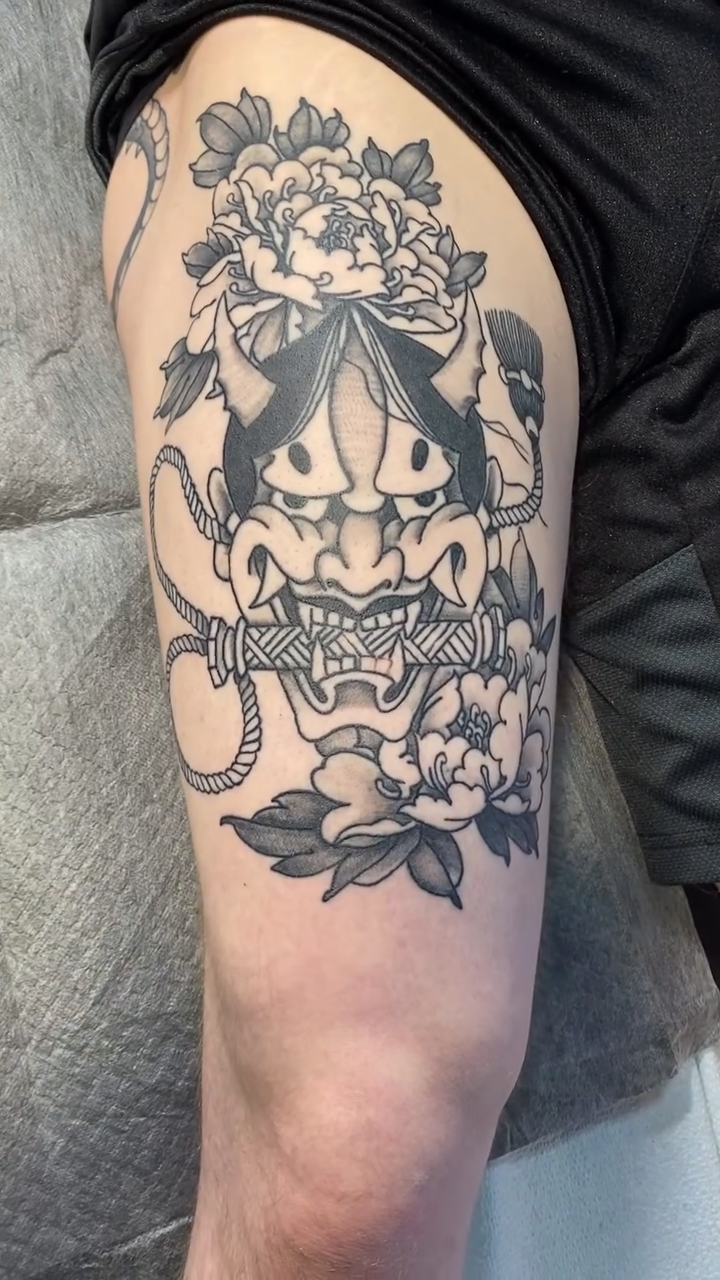 Hannya mask with flowers japanese irezumi tattoo by jim collins, Dayton, Ohio