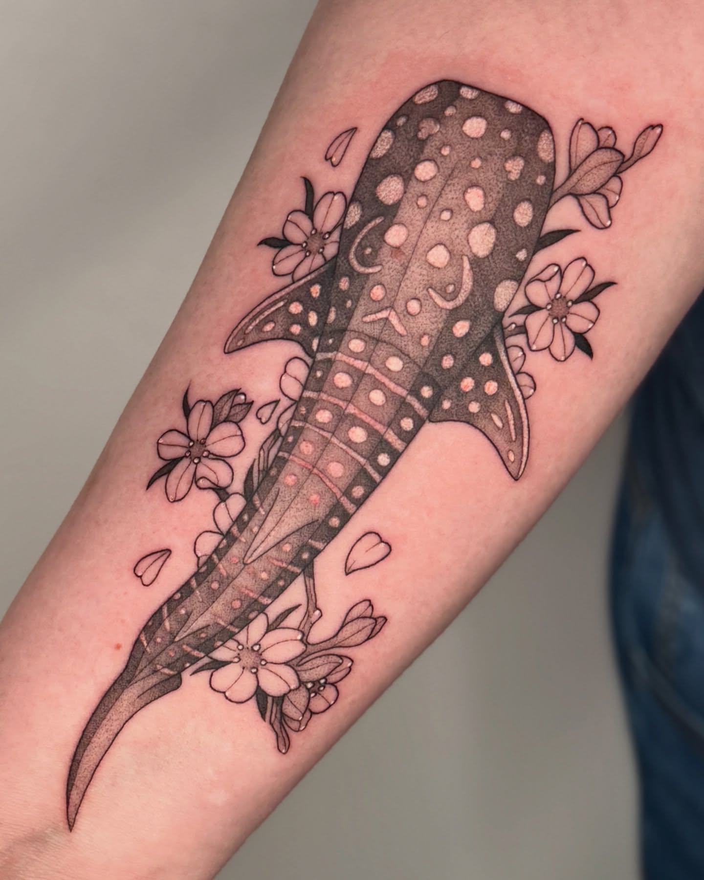 Whale shark dotwork tattoo on the forearm by Connor🍄🏳️‍⚧️