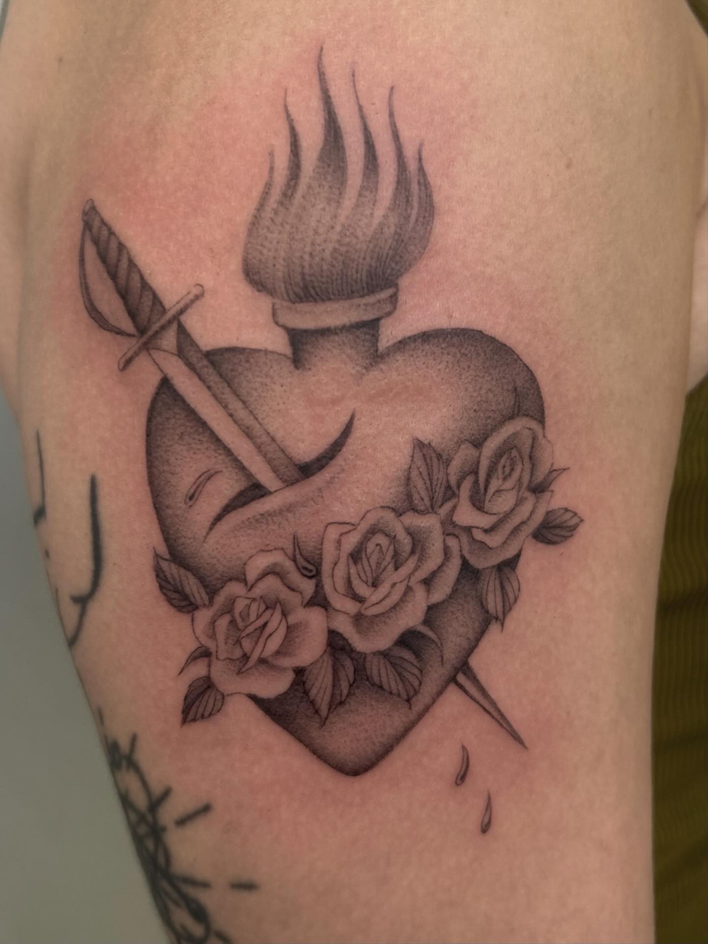 Burning heart with dagger and roses neo-traditional tattoo on the upper arm by Olivia Fox