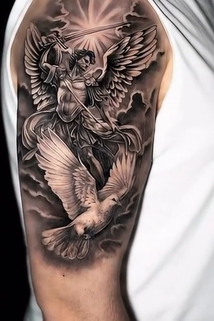 Angel with sword and dove realism tattoo by James Jurado