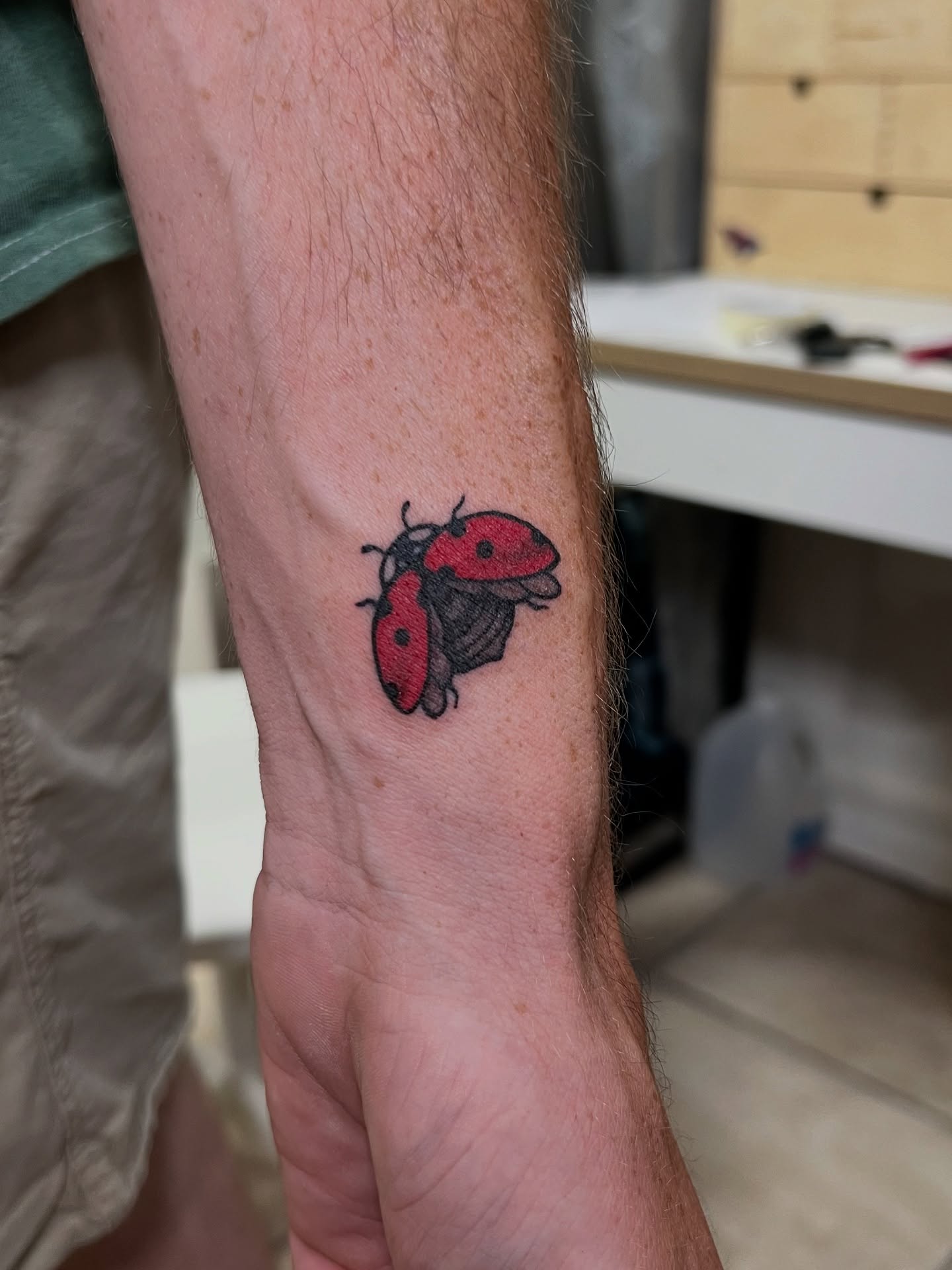 Ladybug realism tattoo on the forearm by tatman cris 🥀 dfw tattoo artist