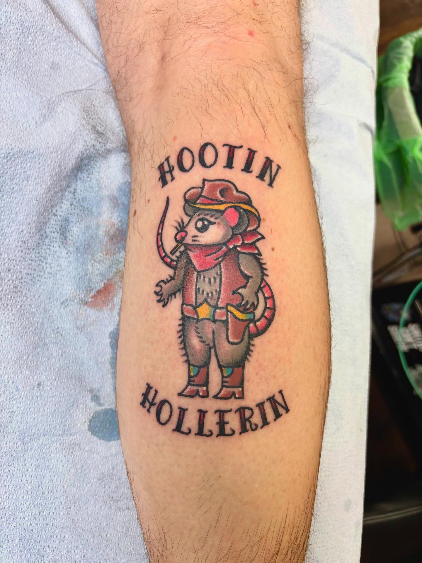 Mouse cowboy American traditional tattoo on the forearm by Dave