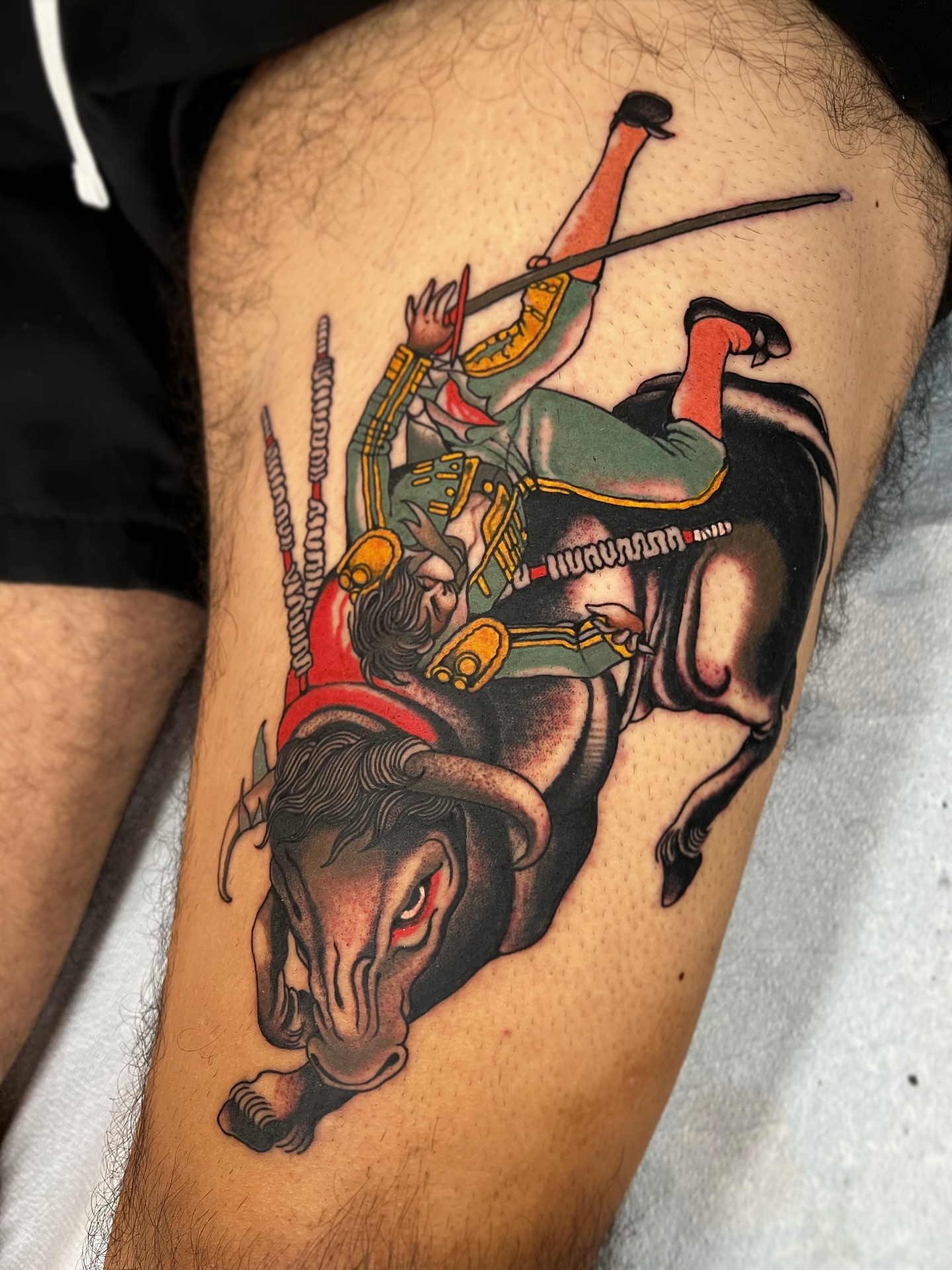 Bull rider American traditional tattoo on the thigh by superteal
