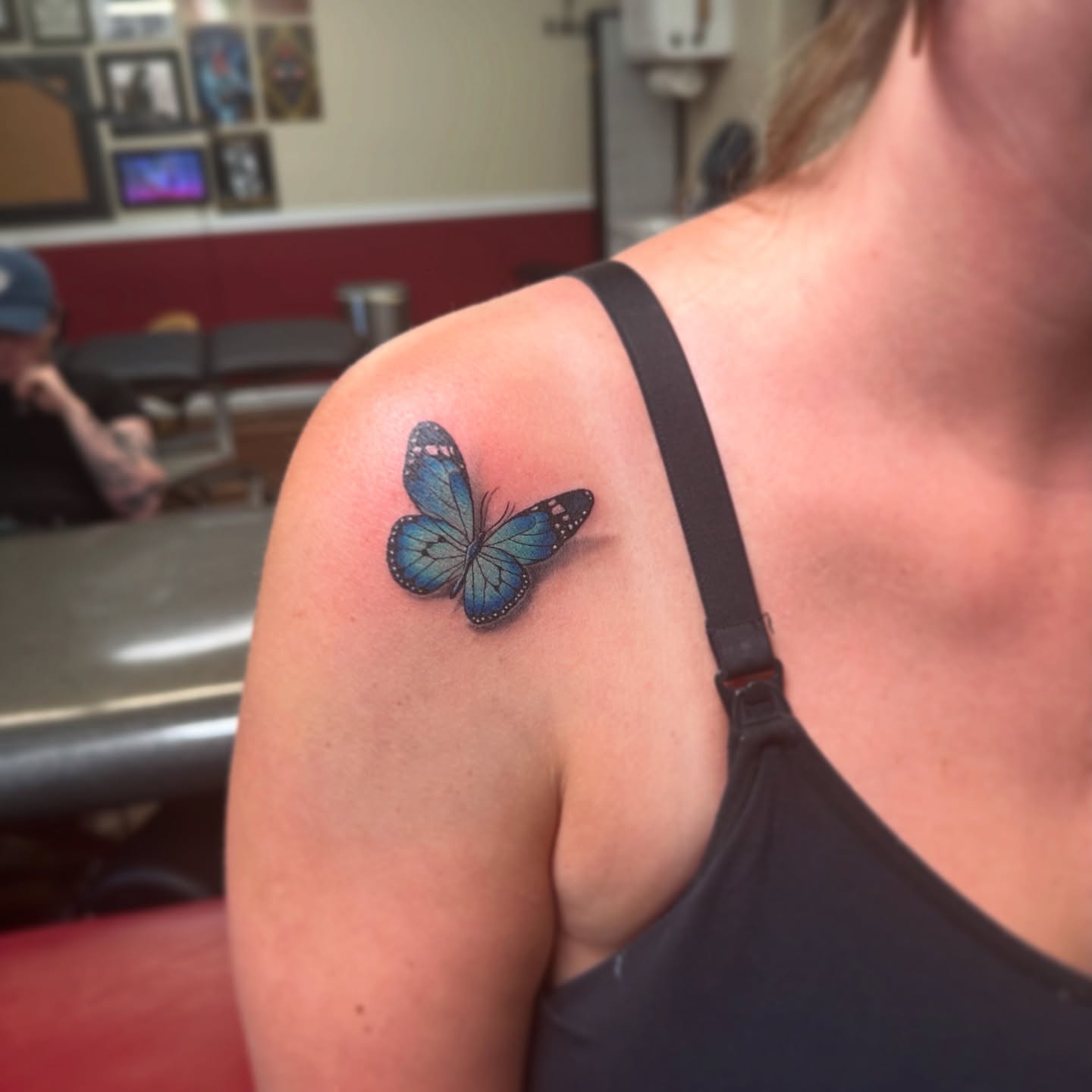Butterfly realism tattoo on the shoulder by Bosco Layne