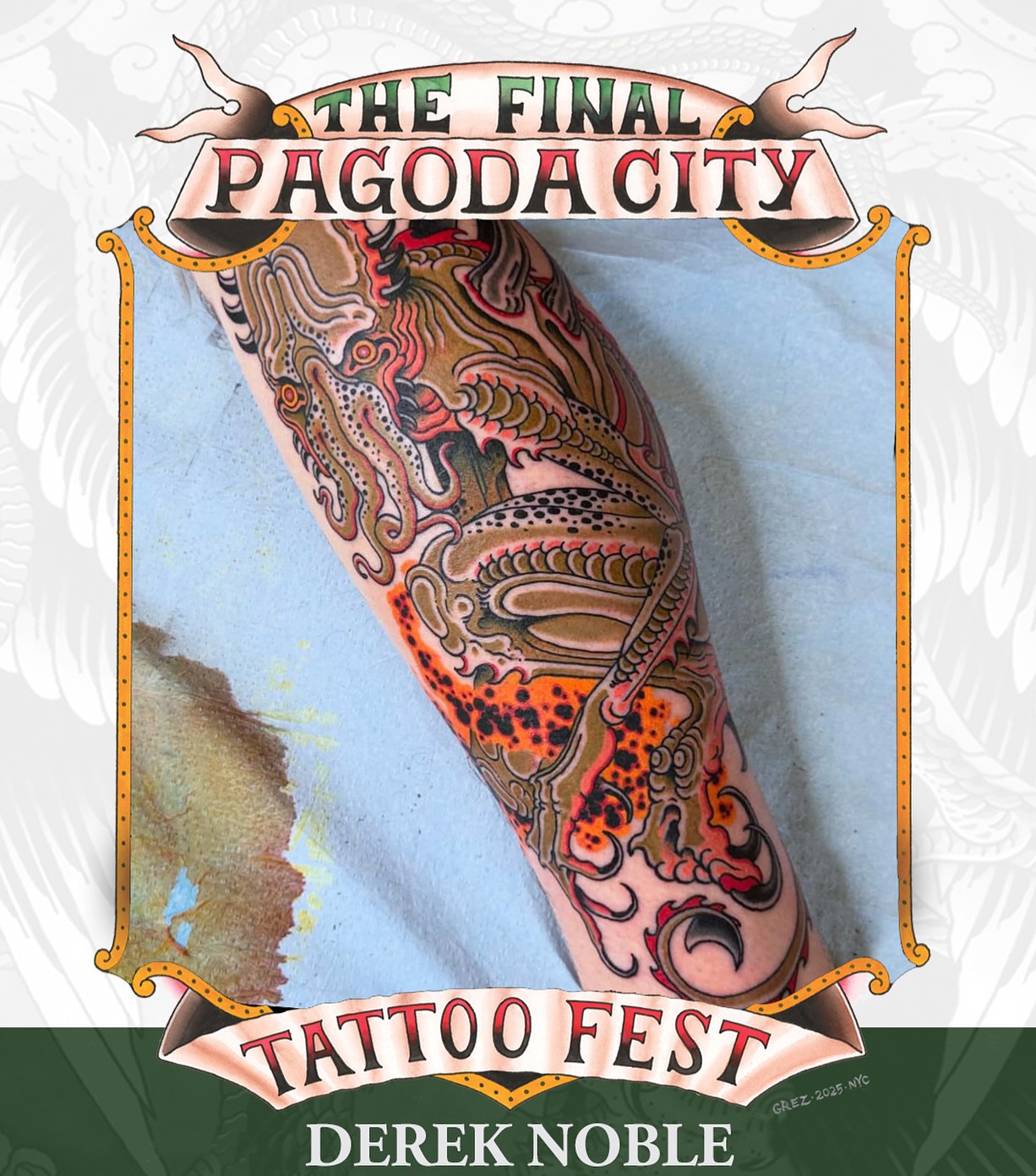 Dragon American traditional tattoo on the forearm by Derek Noble, San Francisco, California