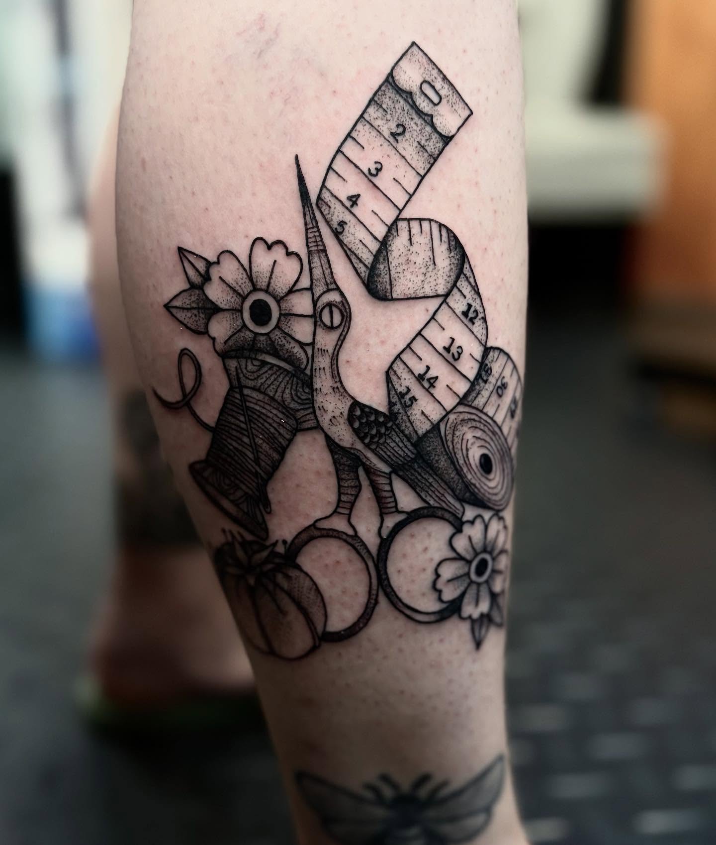 Bird and ruler black and grey tattoo on the forearm by ππ©π’π΅ππ«π‘π―π ππ¬π«π’π°