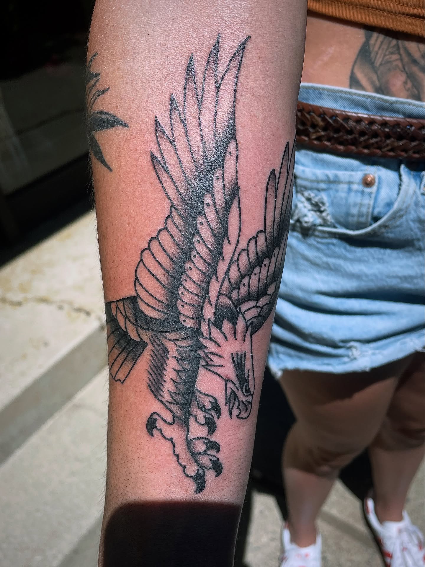 Eagle black and grey tattoo on the forearm by Cam TallBoy SLC Tattoo Artist, Salt Lake City, Utah