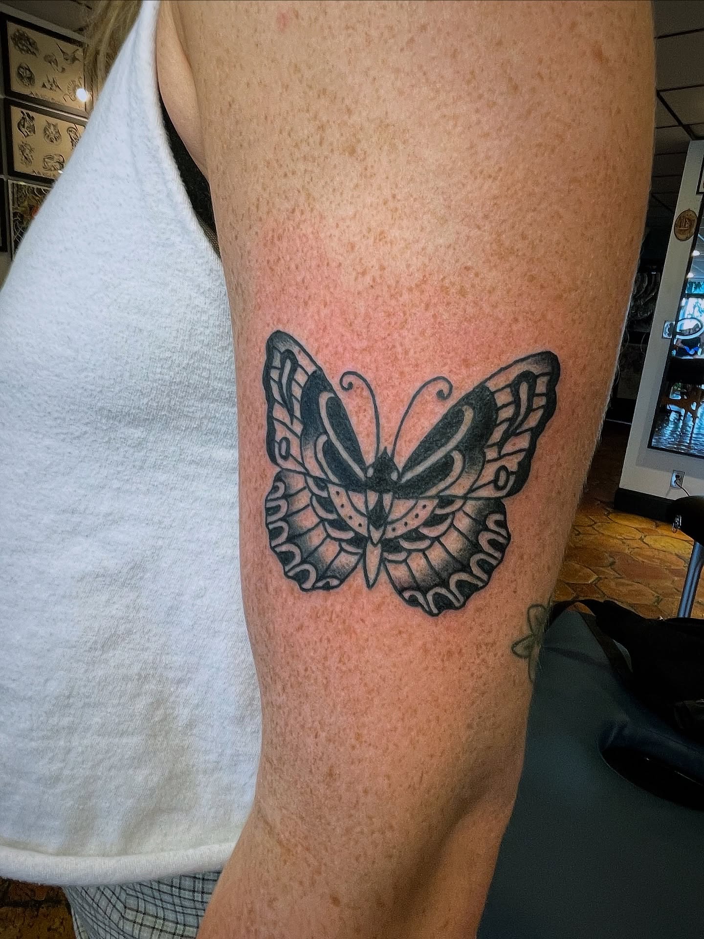 Butterfly black and grey tattoo on the forearm by Cam TallBoy SLC Tattoo Artist, Salt Lake City, Utah