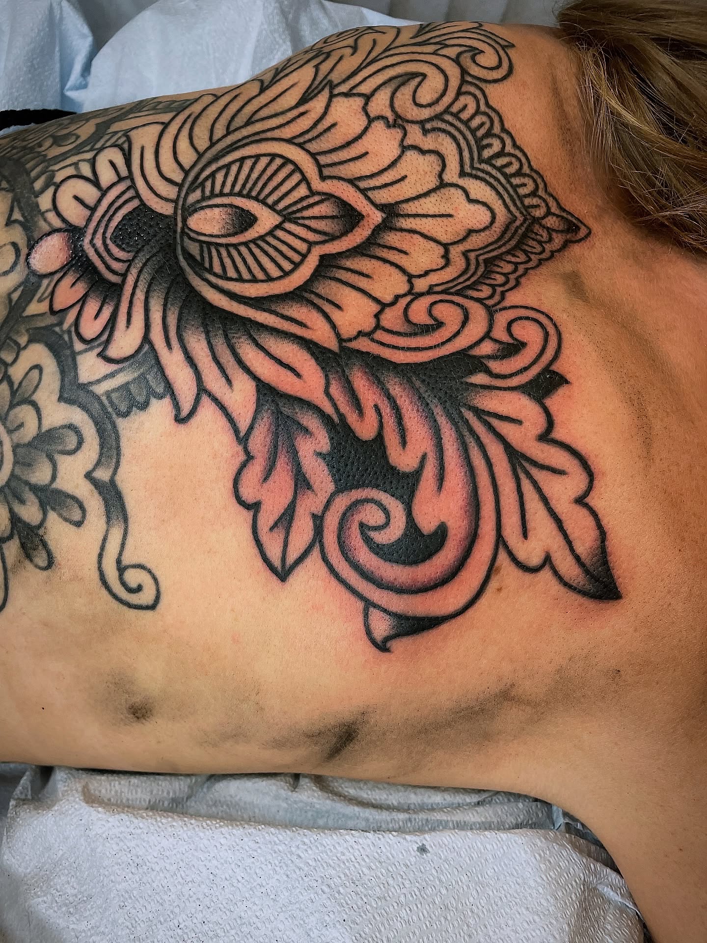 Floral pattern ornamental tattoo on the shoulder by Cam TallBoy SLC Tattoo Artist, Salt Lake City, Utah