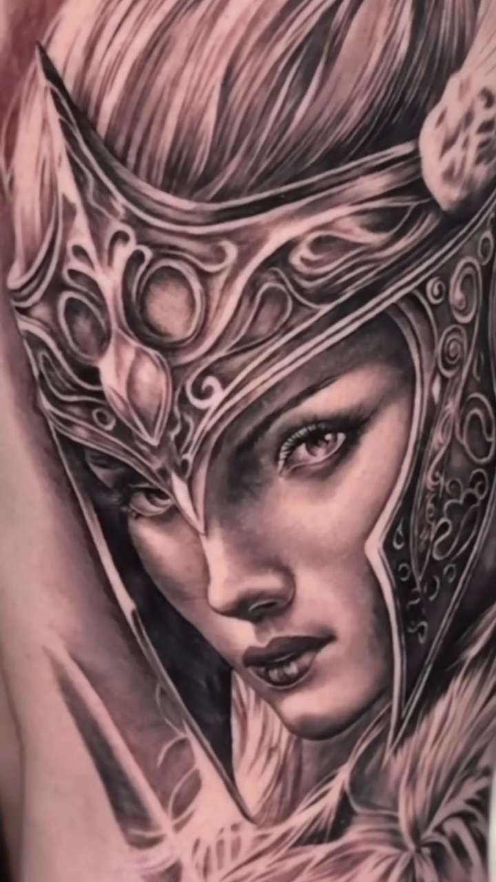 Valkyrie portrait realism tattoo by Noelin Wheeler