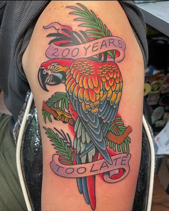 Parrot and banner American traditional tattoo on the upper arm by Hannah Edwards, Austin, Texas