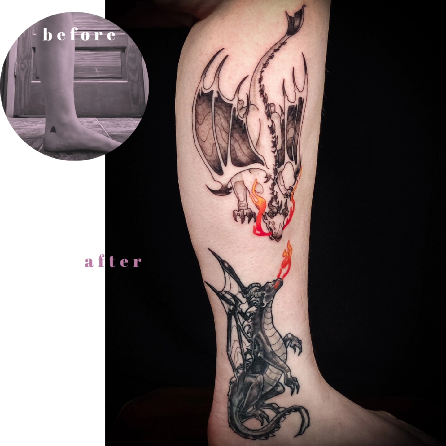 Dragon realism tattoo on the calf by Eva the Tattoo Fartist in Seattle, WA, Seattle, Washington