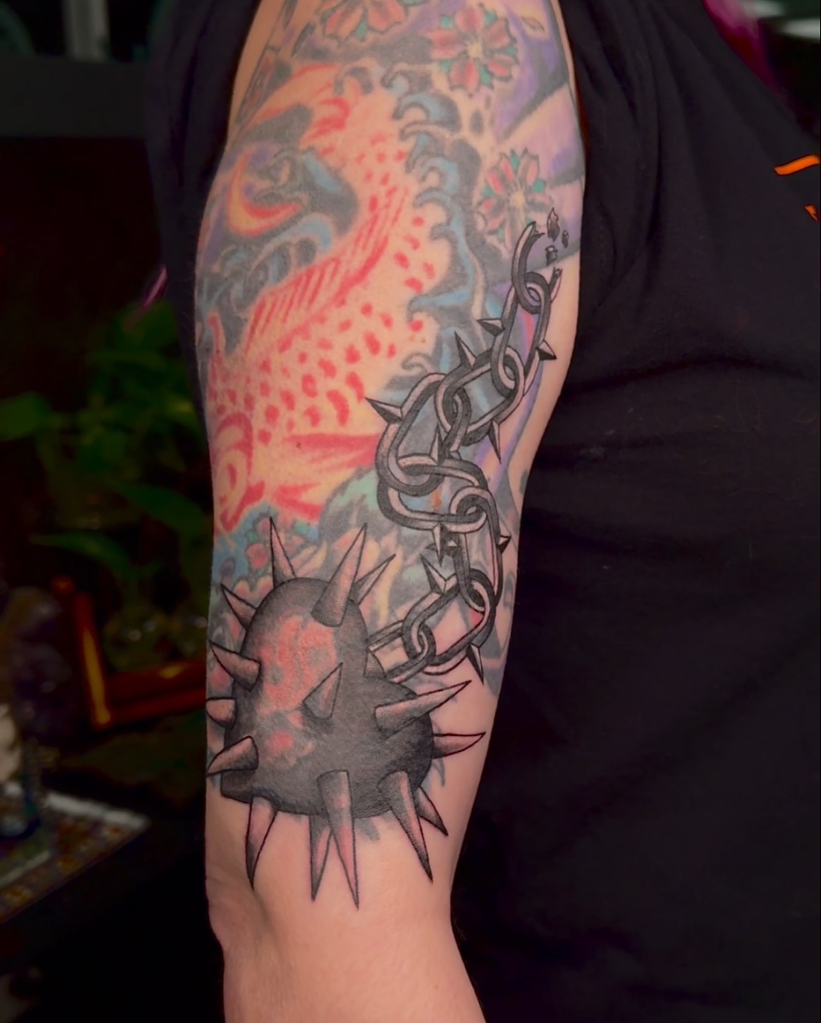 Spiked ball and chain black and grey tattoo on the forearm by πππͺ‘