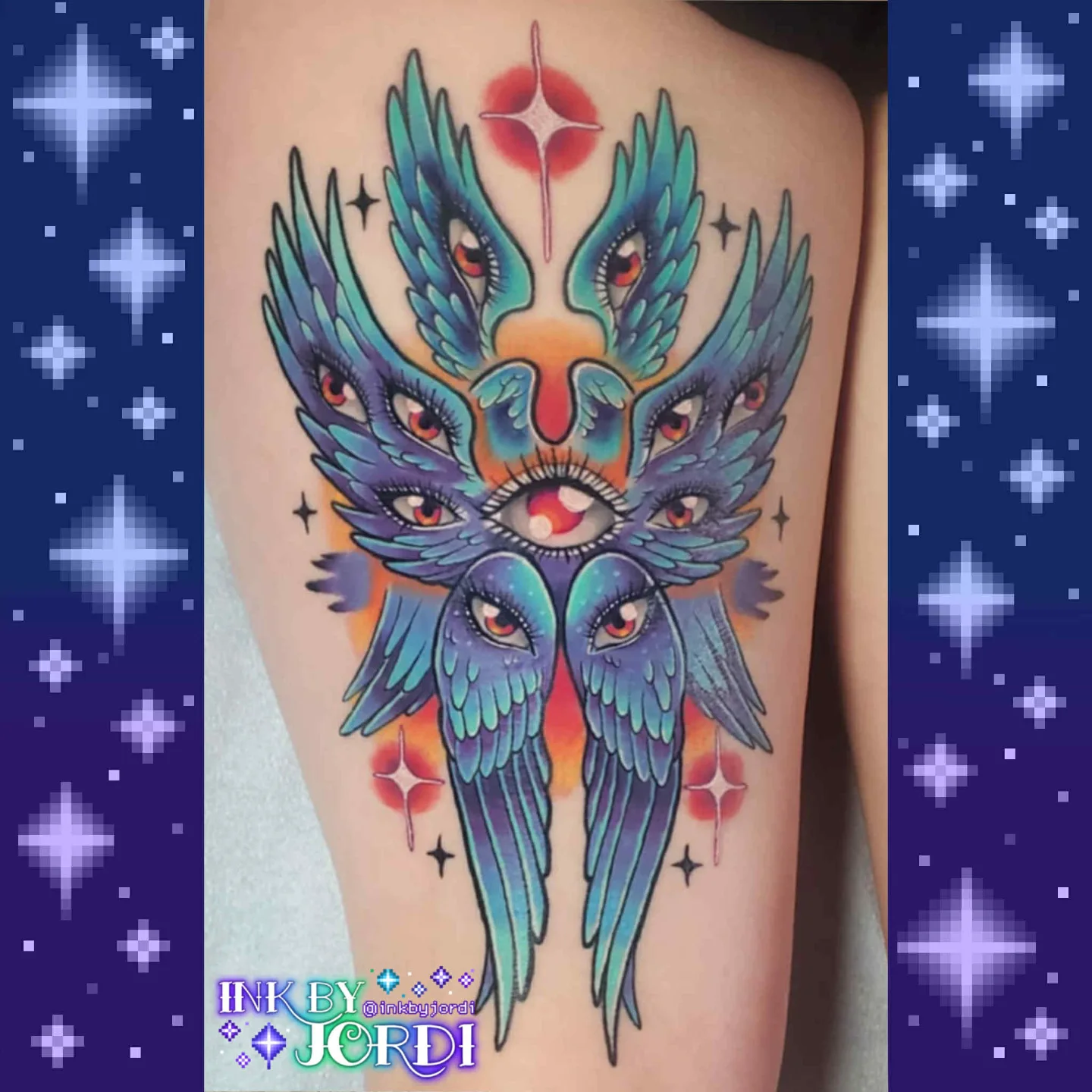 Phoenix American traditional tattoo on the thigh by Jordi ✨